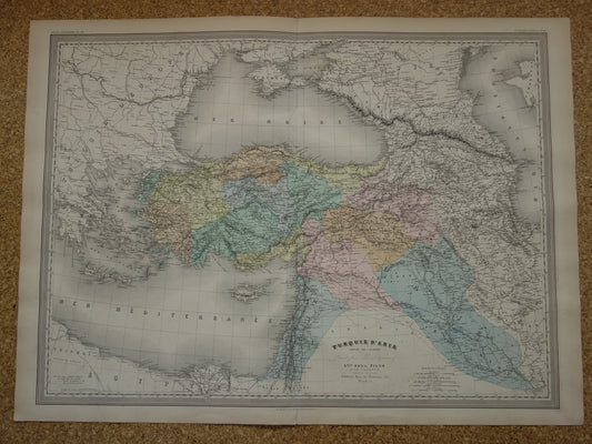 TURKIJE Grote oude landkaart uit 1880 van Asia Minor Turkse Rijk in Azië Mooie handgekleurde Franse antieke kaart