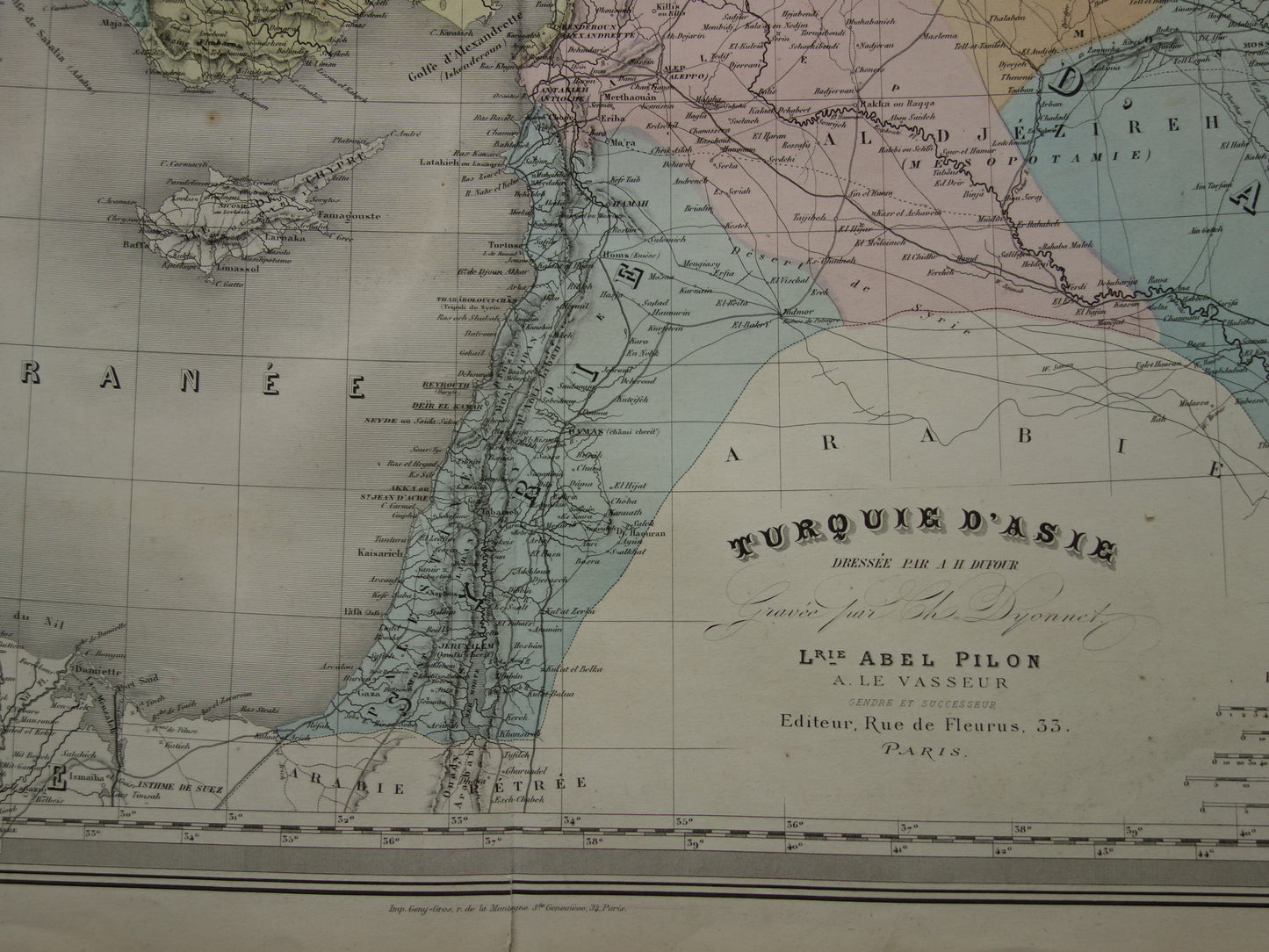 TURKEY Large old map from 1880 of Asia Minor Turkish Empire in Asia Beautiful hand-colored French antique map