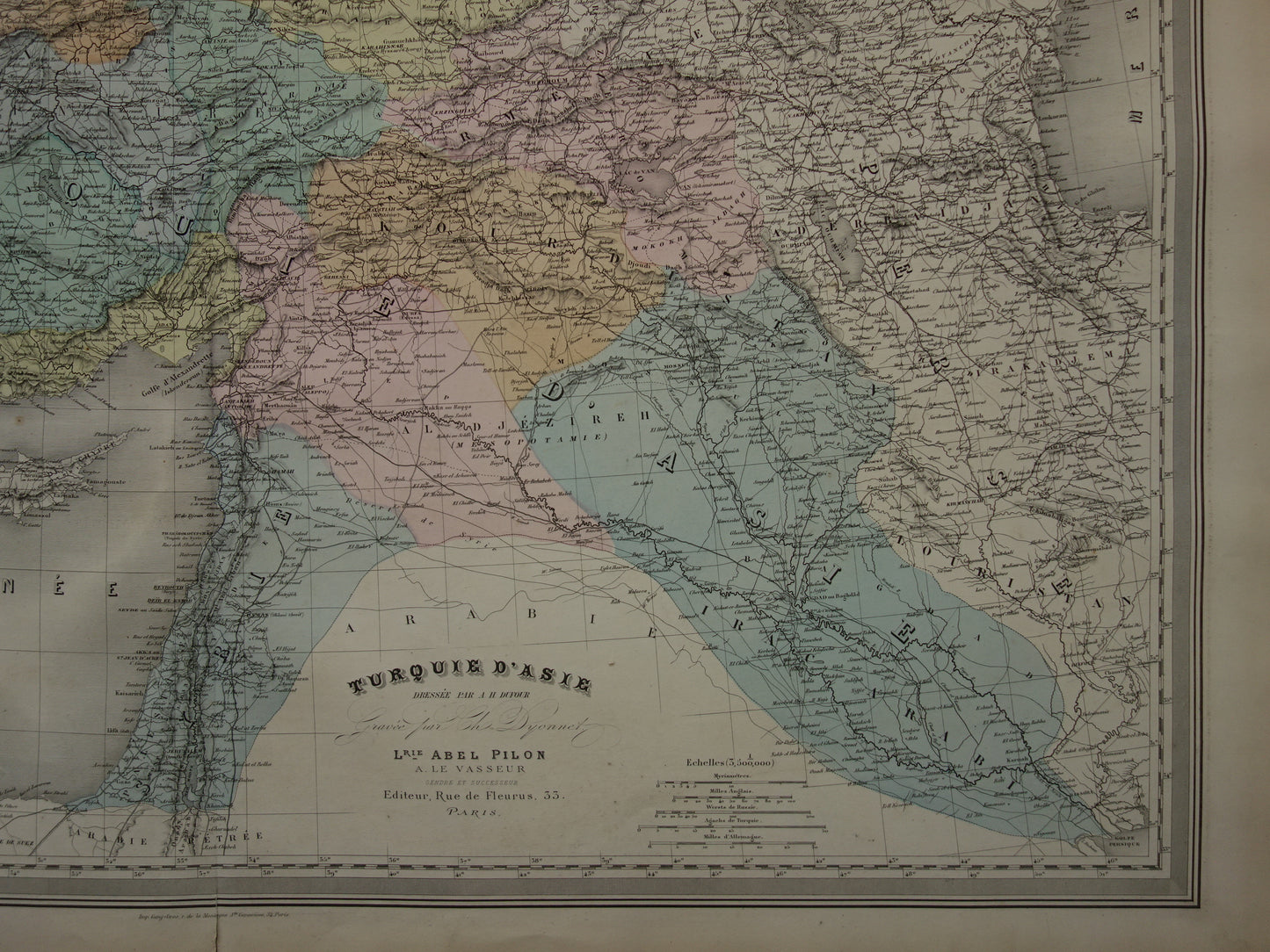 TURKEY Large old map from 1880 of Asia Minor Turkish Empire in Asia Beautiful hand-colored French antique map