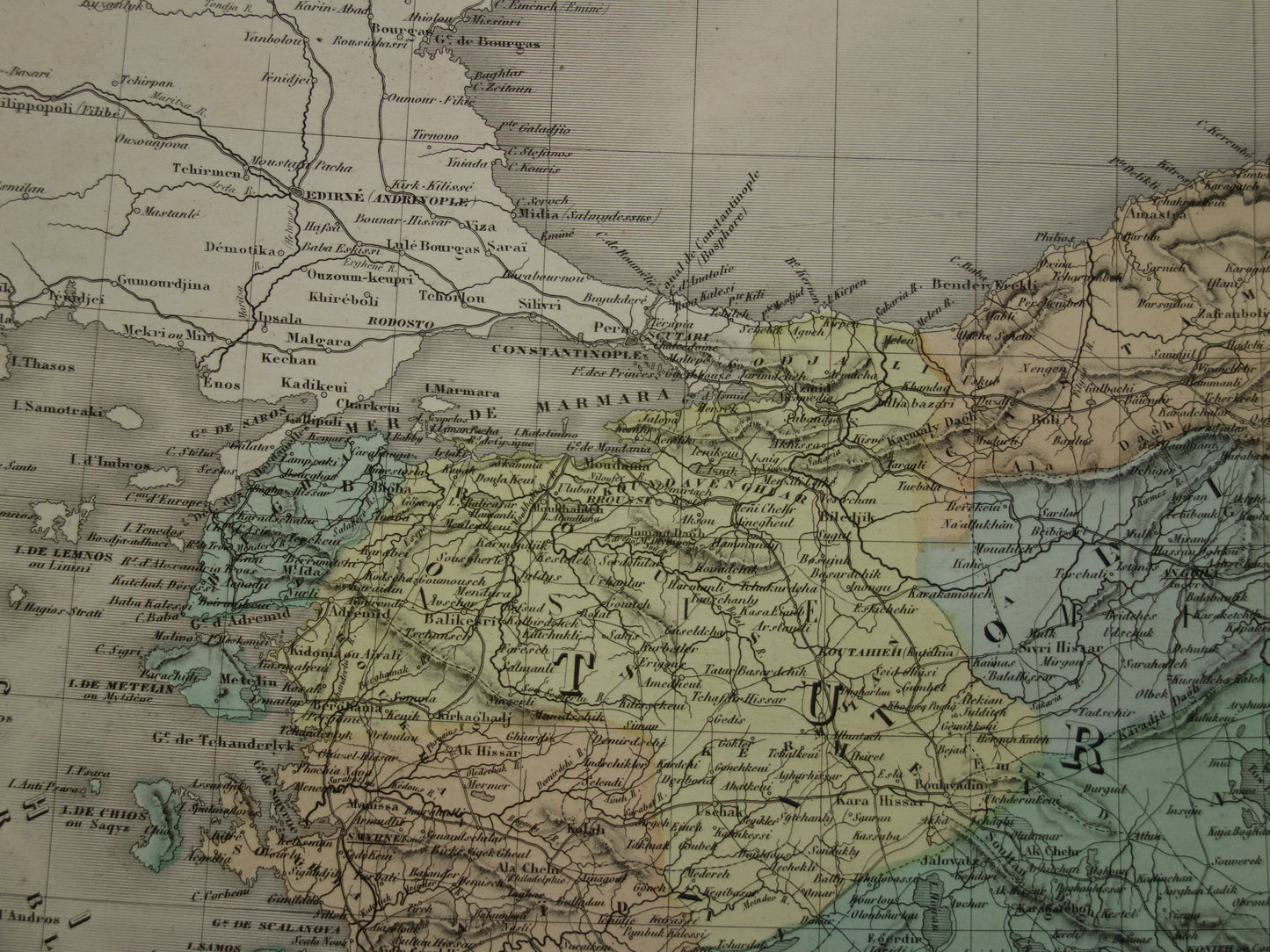 TURKEY Large old map from 1880 of Asia Minor Turkish Empire in Asia Beautiful hand-colored French antique map