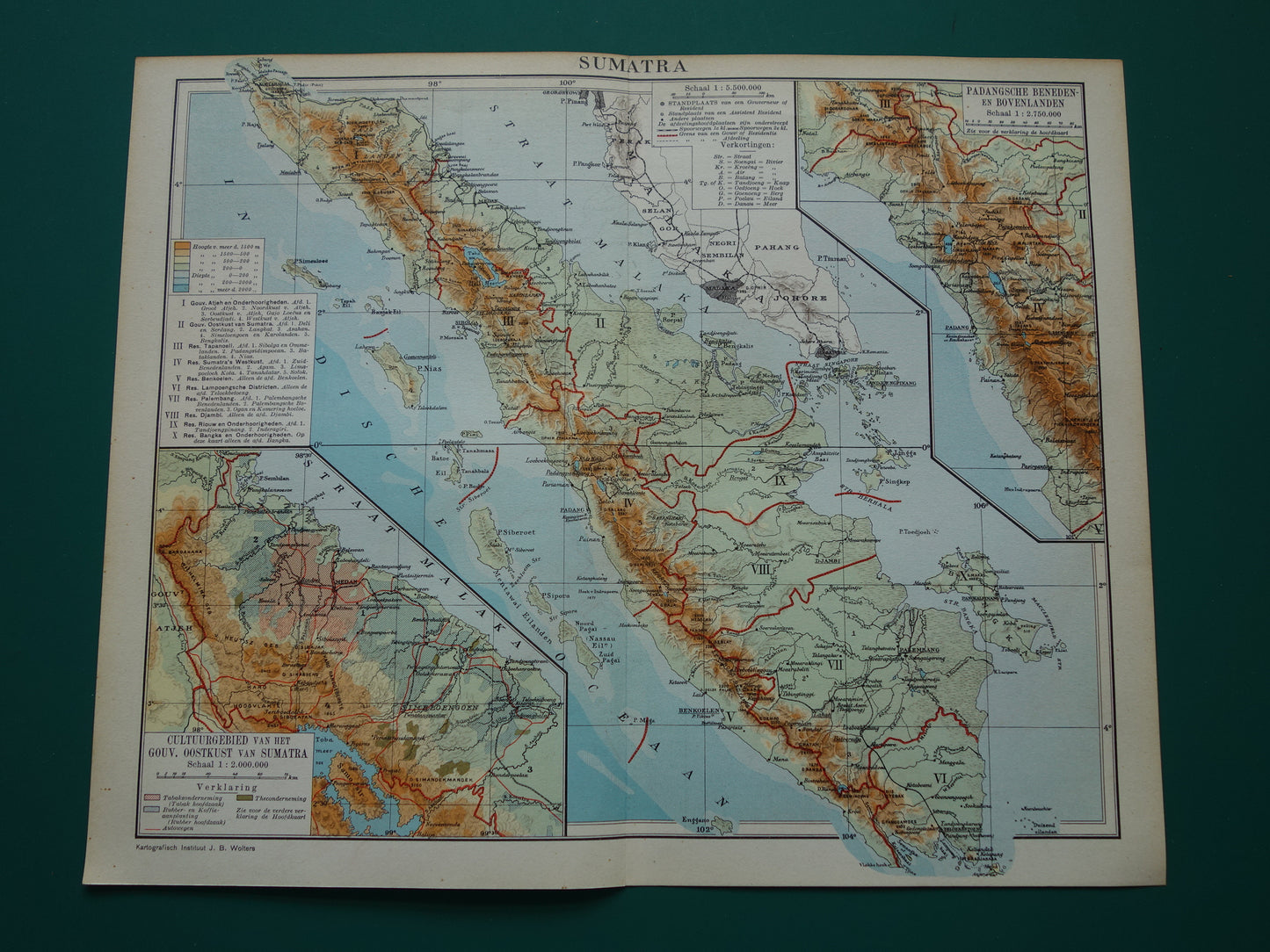 Sumatra oude kaart van Sumatra Indonesië 1938 originele vintage Nederlandse landkaart historische kaarten Sumatra Medan Palembang