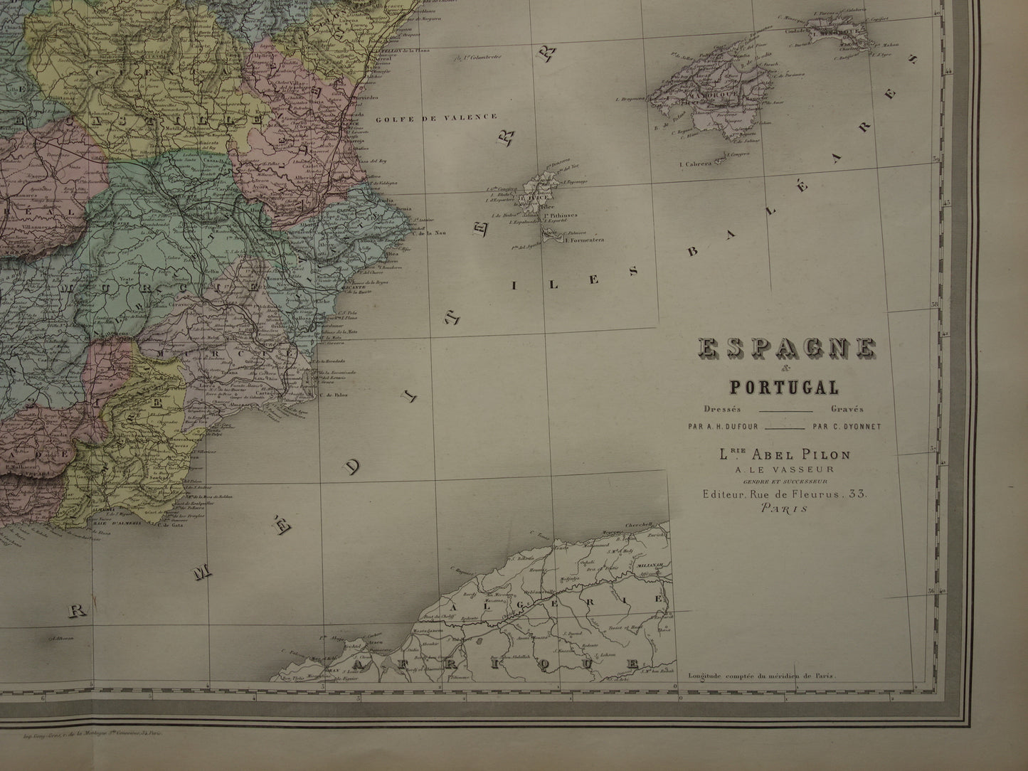 Spanien und Portugal Große alte Karte von 1880 Wunderschöne handkolorierte französische antike Karte