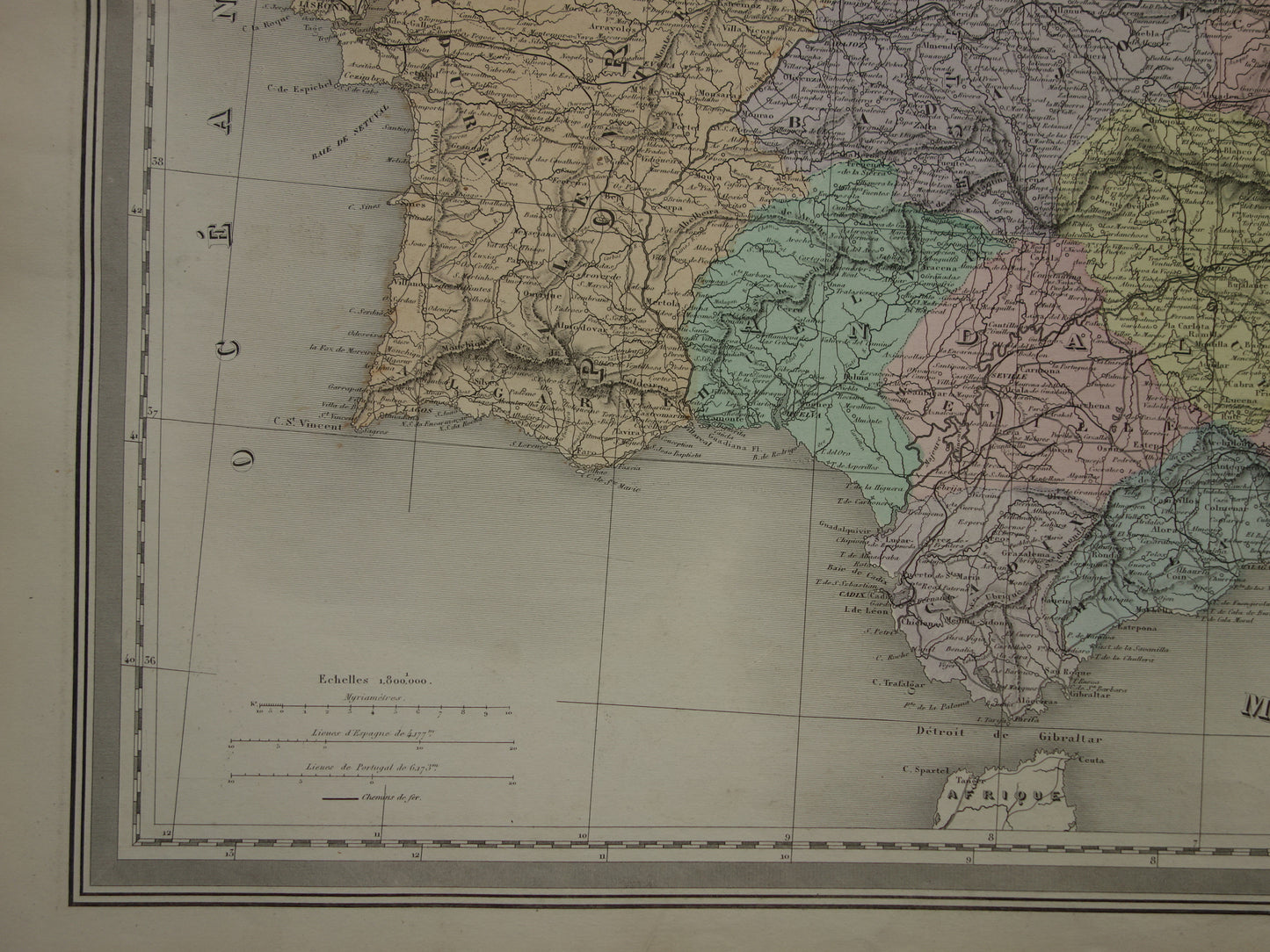 Spanien und Portugal Große alte Karte von 1880 Wunderschöne handkolorierte französische antike Karte