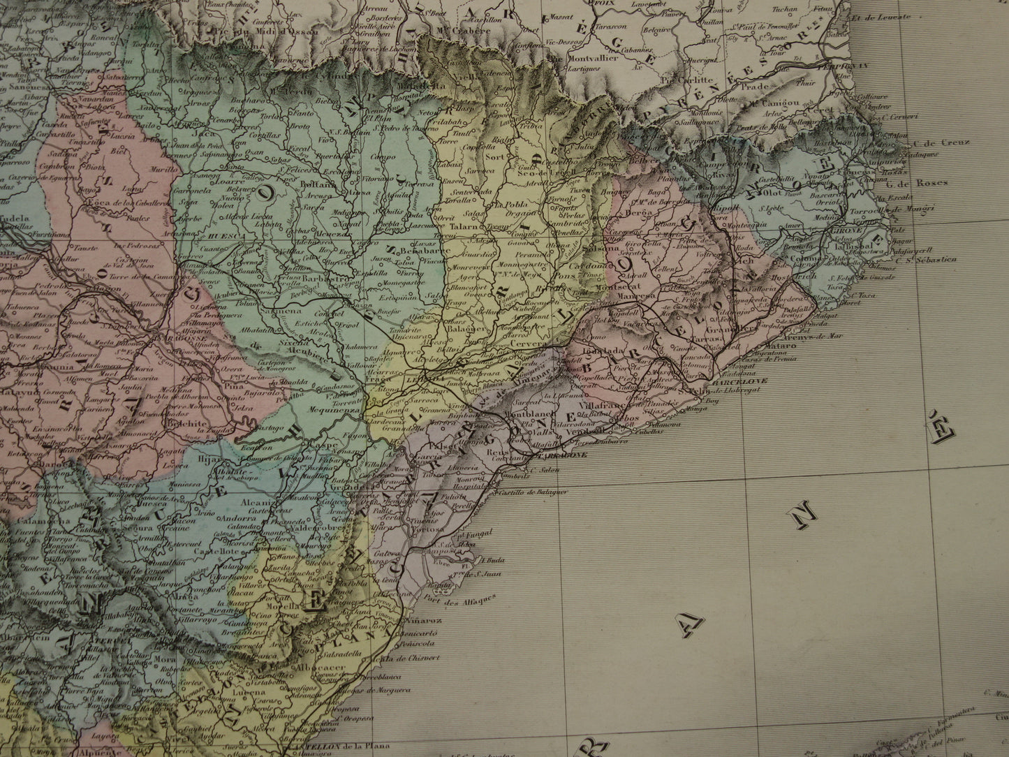 Spanien und Portugal Große alte Karte von 1880 Wunderschöne handkolorierte französische antike Karte