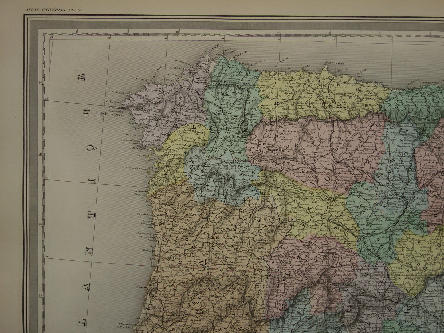 Spanien und Portugal Große alte Karte von 1880 Wunderschöne handkolorierte französische antike Karte