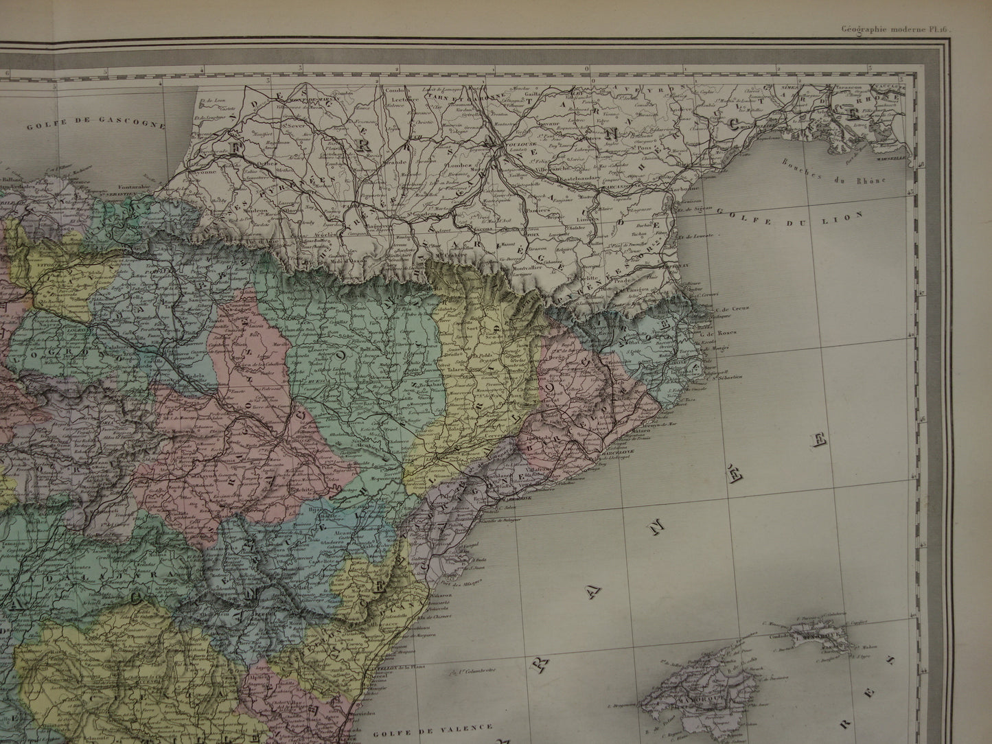 Spanien und Portugal Große alte Karte von 1880 Wunderschöne handkolorierte französische antike Karte