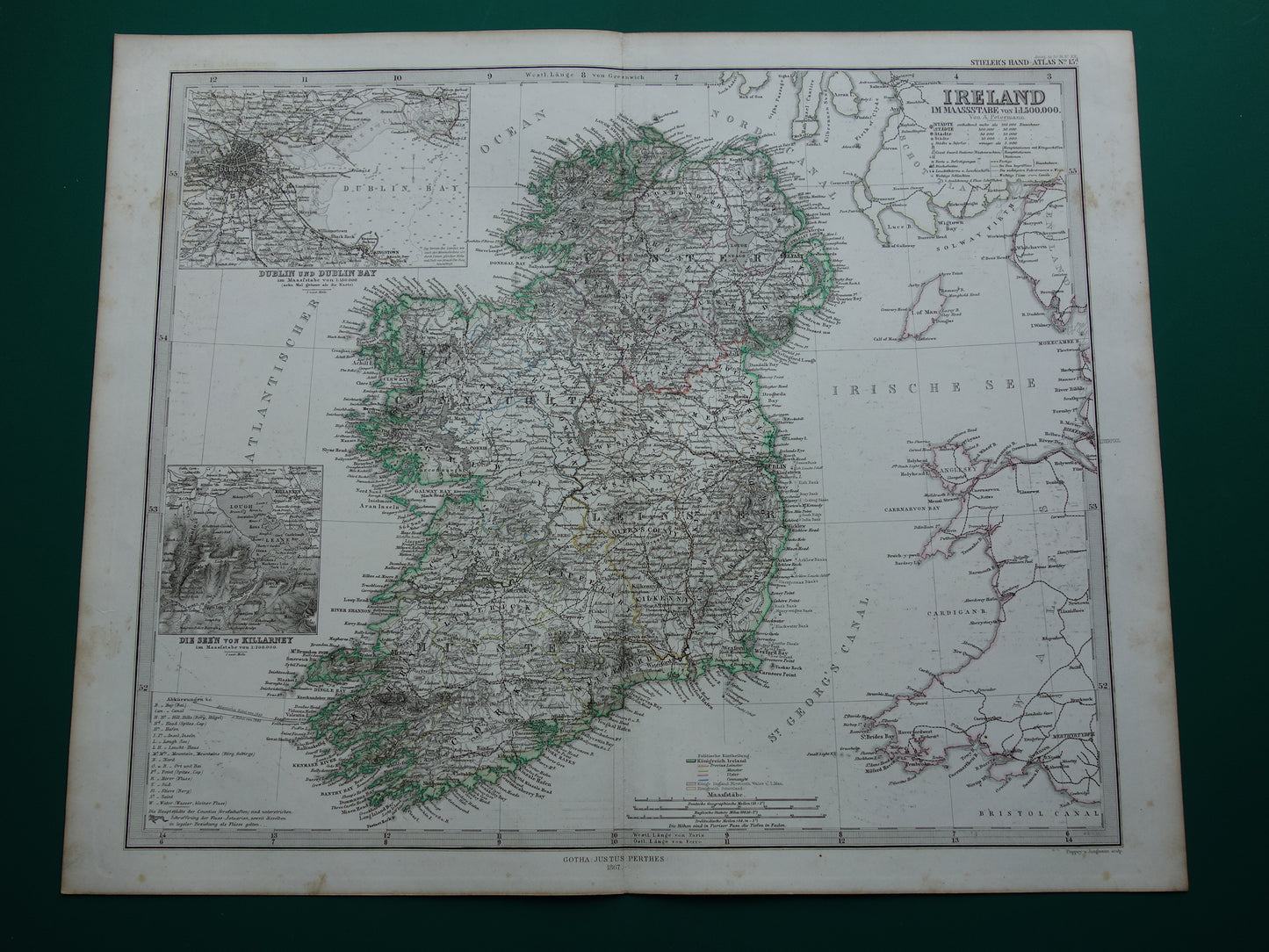 IRELAND old map of Ireland 1867 original antique German map with date