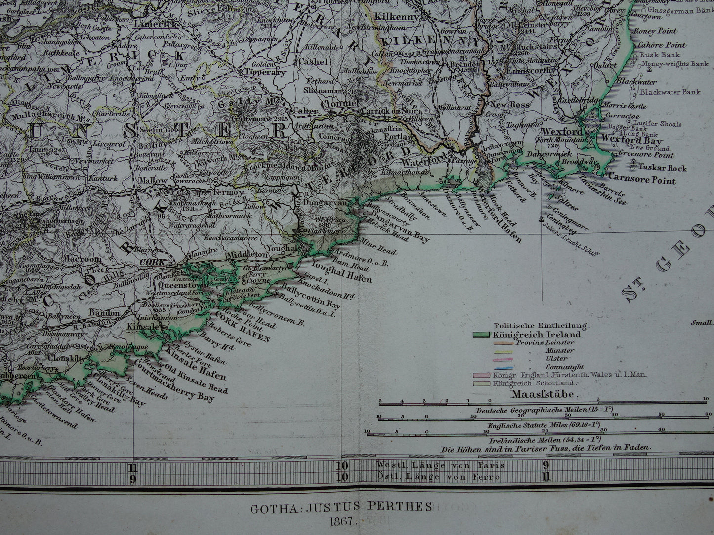 IRELAND old map of Ireland 1867 original antique German map with date