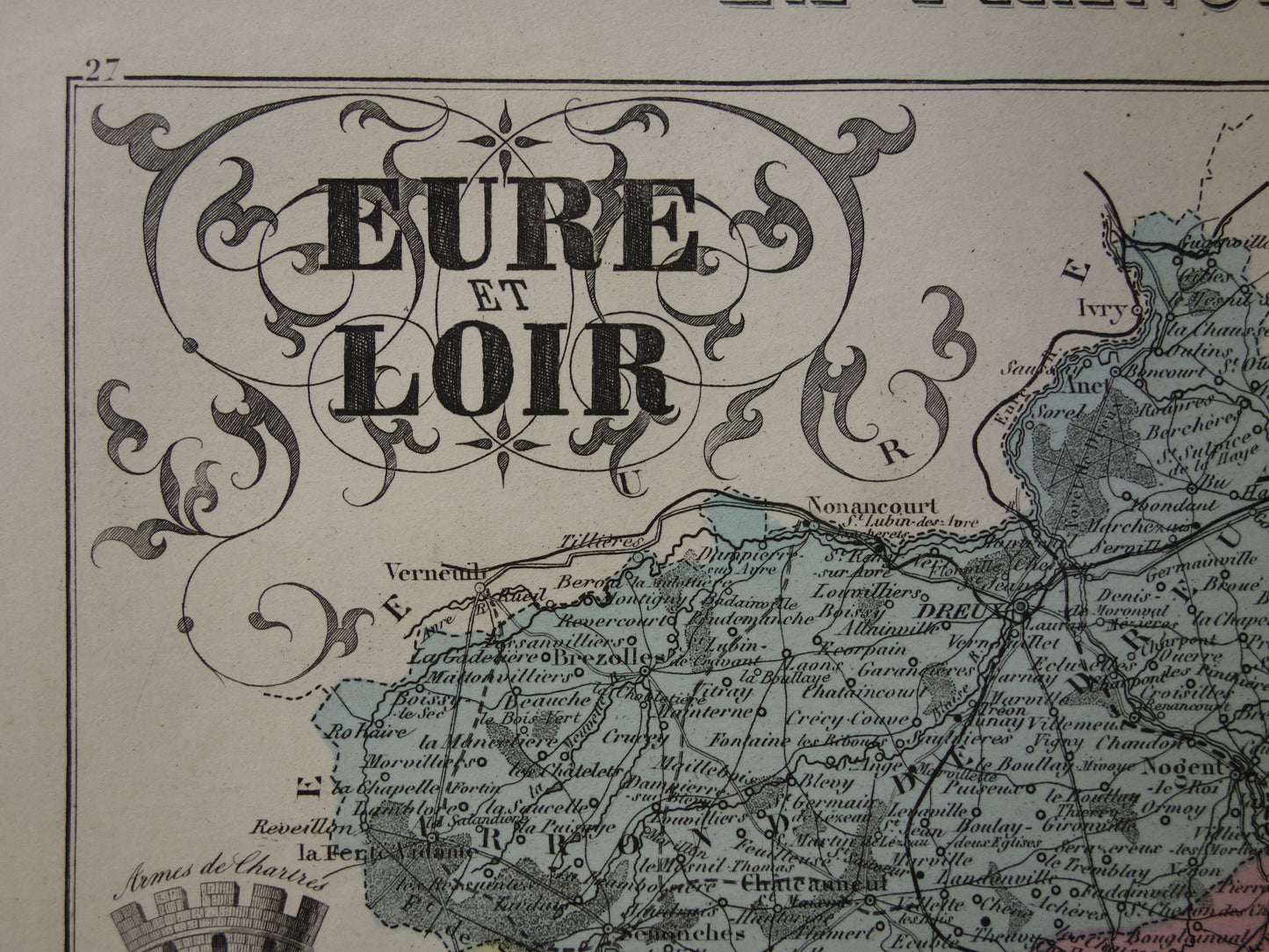 Eure et Loir department France old map 1880 original antique map Chartres Chateau Saint Jean Nogent-le-Rotrou historical maps