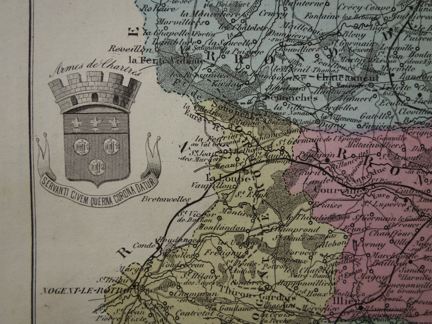 Eure et Loir department France old map 1880 original antique map Chartres Chateau Saint Jean Nogent-le-Rotrou historical maps