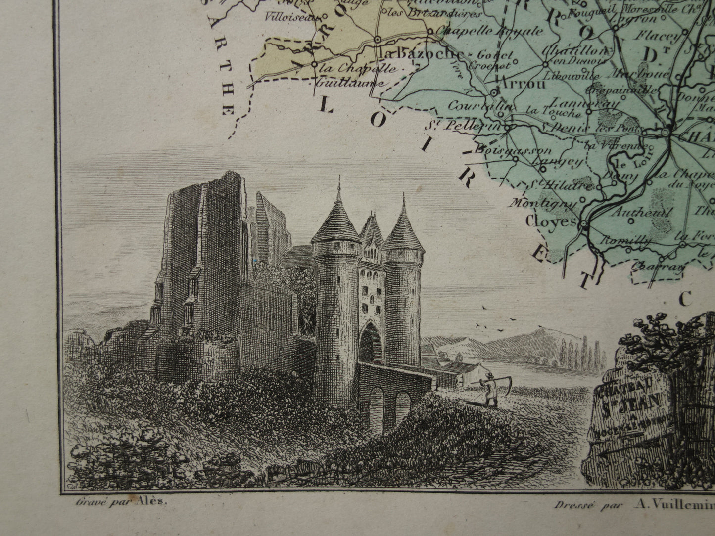Eure et Loir department France old map 1880 original antique map Chartres Chateau Saint Jean Nogent-le-Rotrou historical maps