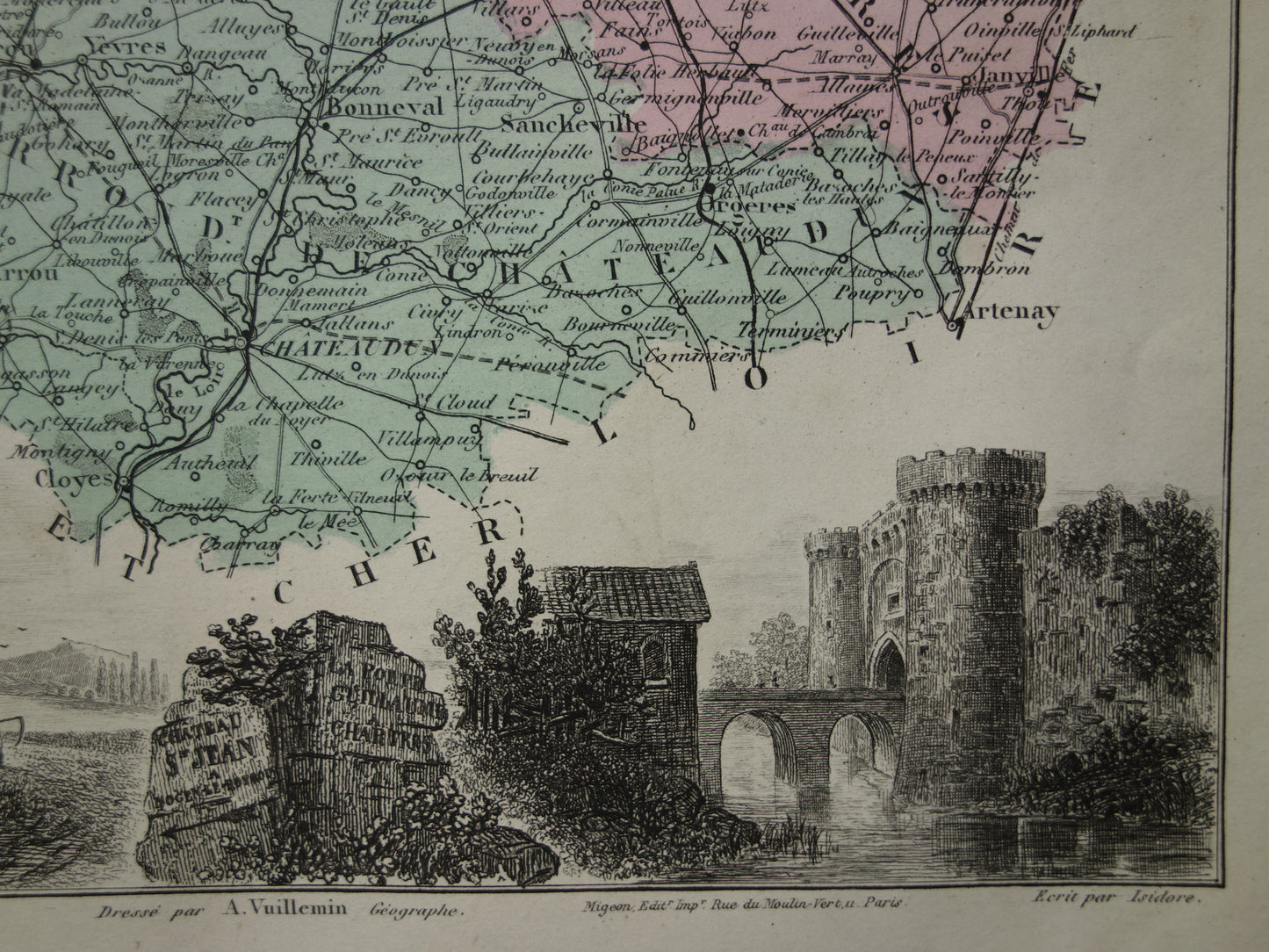 Eure et Loir department France old map 1880 original antique map Chartres Chateau Saint Jean Nogent-le-Rotrou historical maps