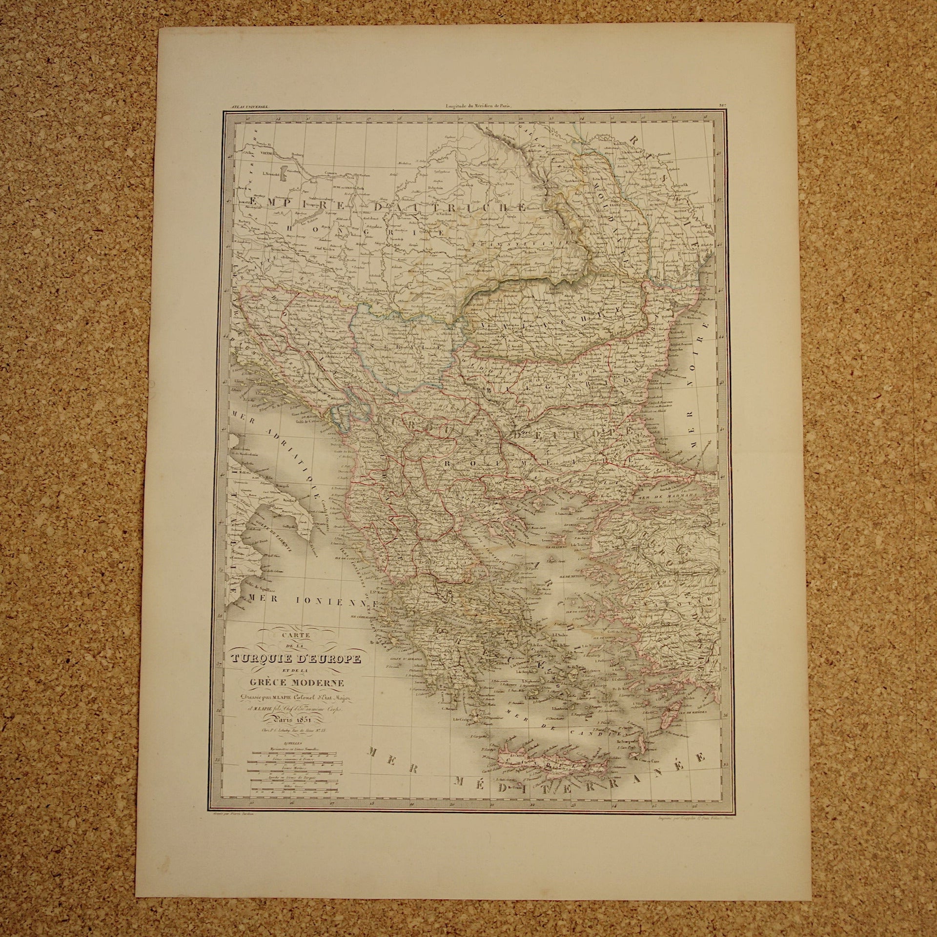 Oude kaart Griekenland en Turkse Rijk in de Balkan in 1851 - Antieke Franse kaart Turkije Servië Roemenië - handgekleurde vintage landkaarten