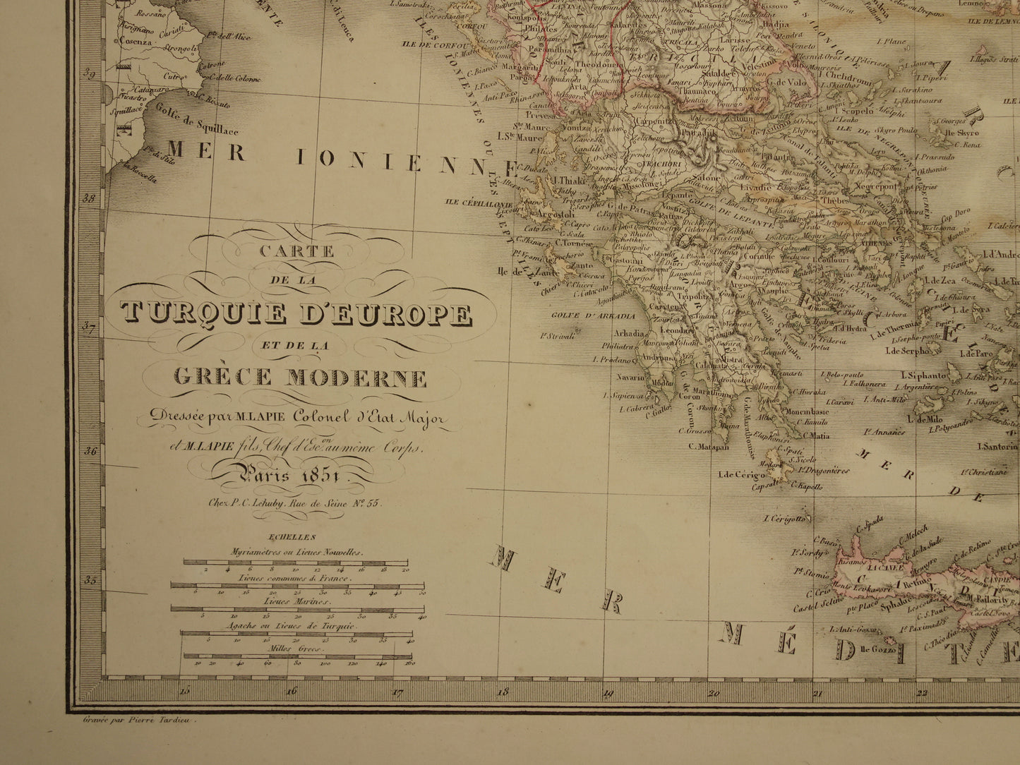 Old map Greece and Turkish Empire in the Balkans in 1851 - Antique French map Turkey Serbia Romania - hand colored vintage maps