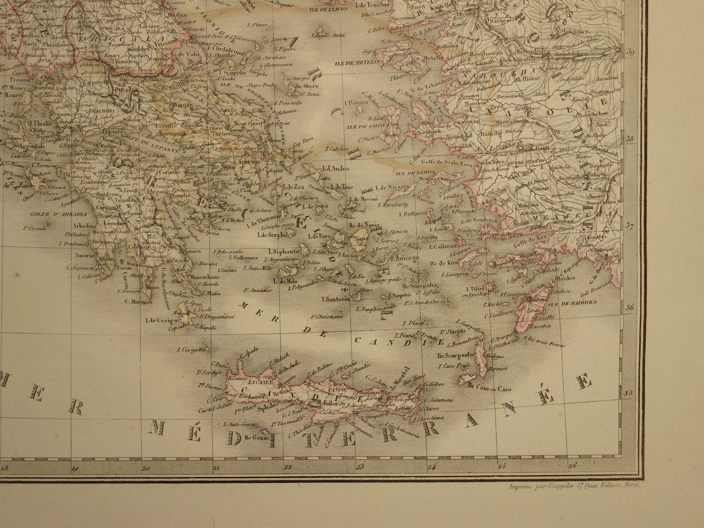 Old map Greece and Turkish Empire in the Balkans in 1851 - Antique French map Turkey Serbia Romania - hand colored vintage maps