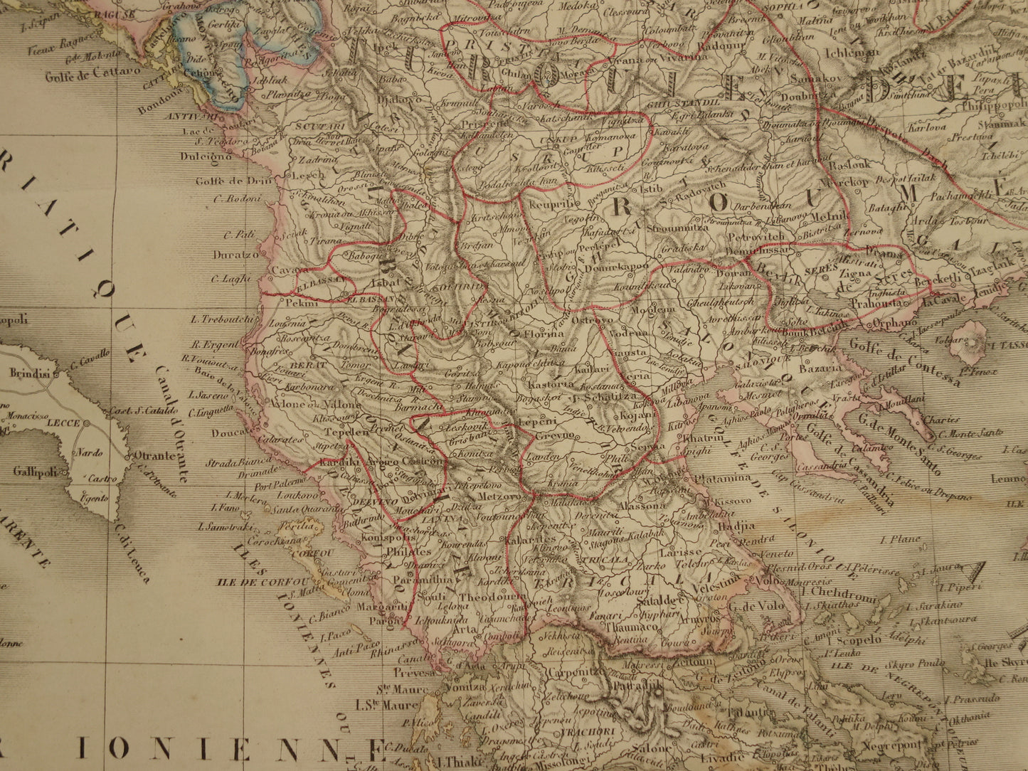 Old map Greece and Turkish Empire in the Balkans in 1851 - Antique French map Turkey Serbia Romania - hand colored vintage maps