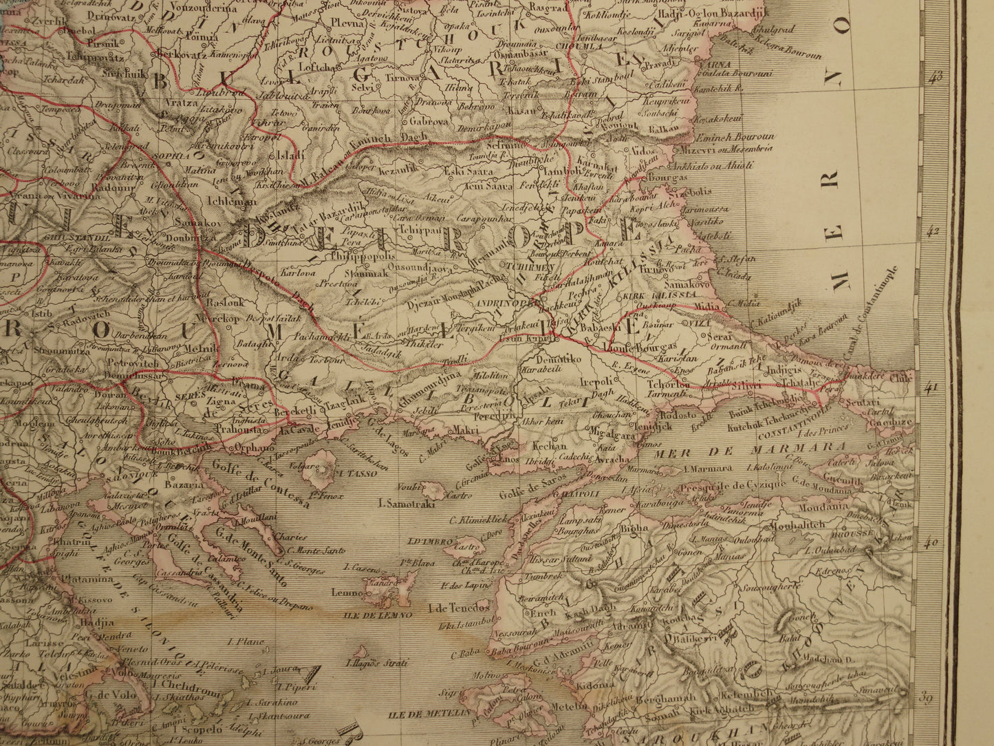 Old map Greece and Turkish Empire in the Balkans in 1851 - Antique French map Turkey Serbia Romania - hand colored vintage maps
