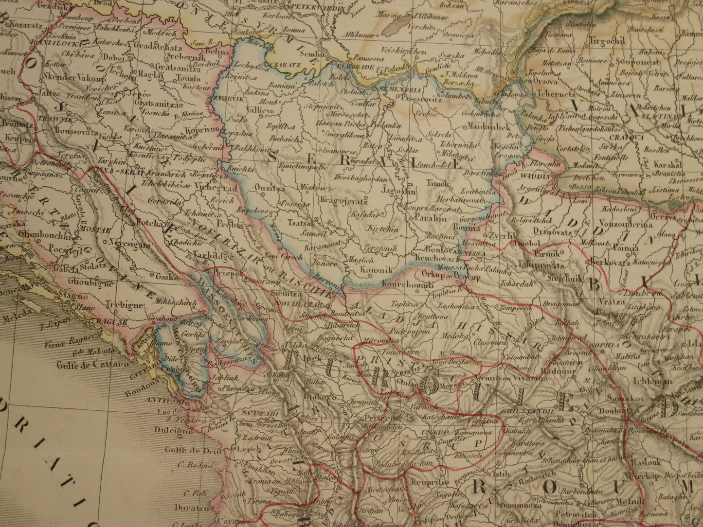 Old map Greece and Turkish Empire in the Balkans in 1851 - Antique French map Turkey Serbia Romania - hand colored vintage maps