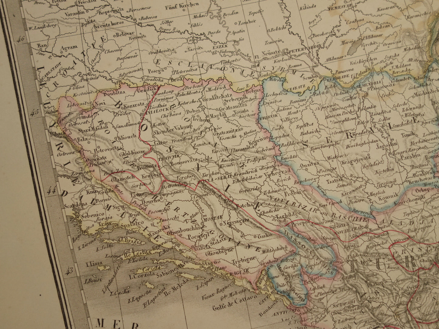 Old map Greece and Turkish Empire in the Balkans in 1851 - Antique French map Turkey Serbia Romania - hand colored vintage maps
