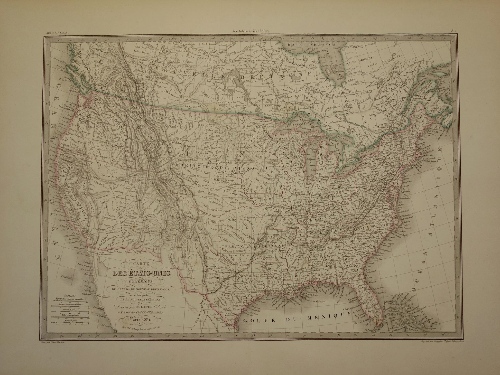 Verenigde Staten van Amerika antieke landkaart uit 1851 - Originele oude Franse kaart van de VS