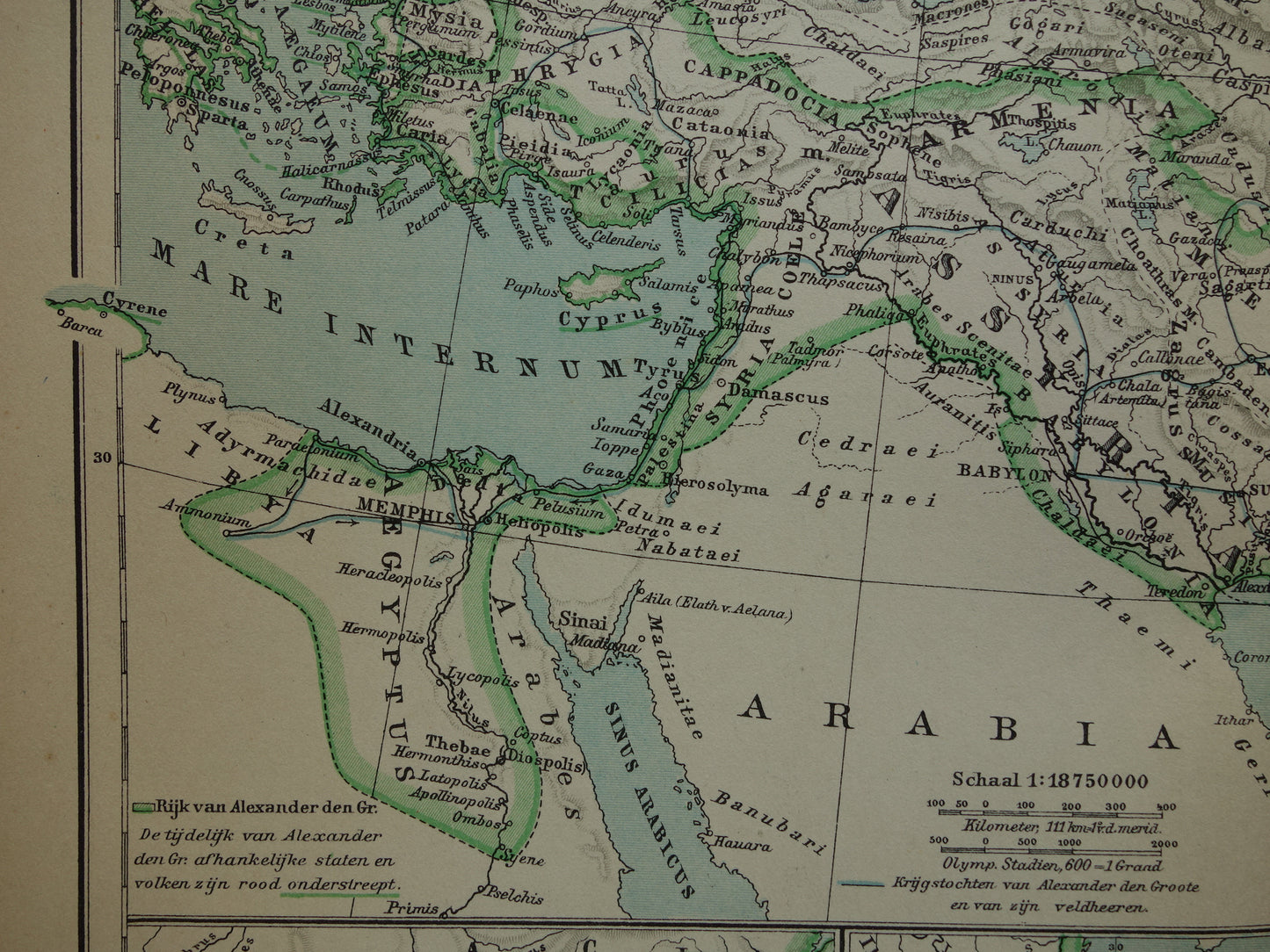 Map of the Empire of Alexander the Great from 1932 - Old Dutch map Macedonian Alexandrian Empire vintage map