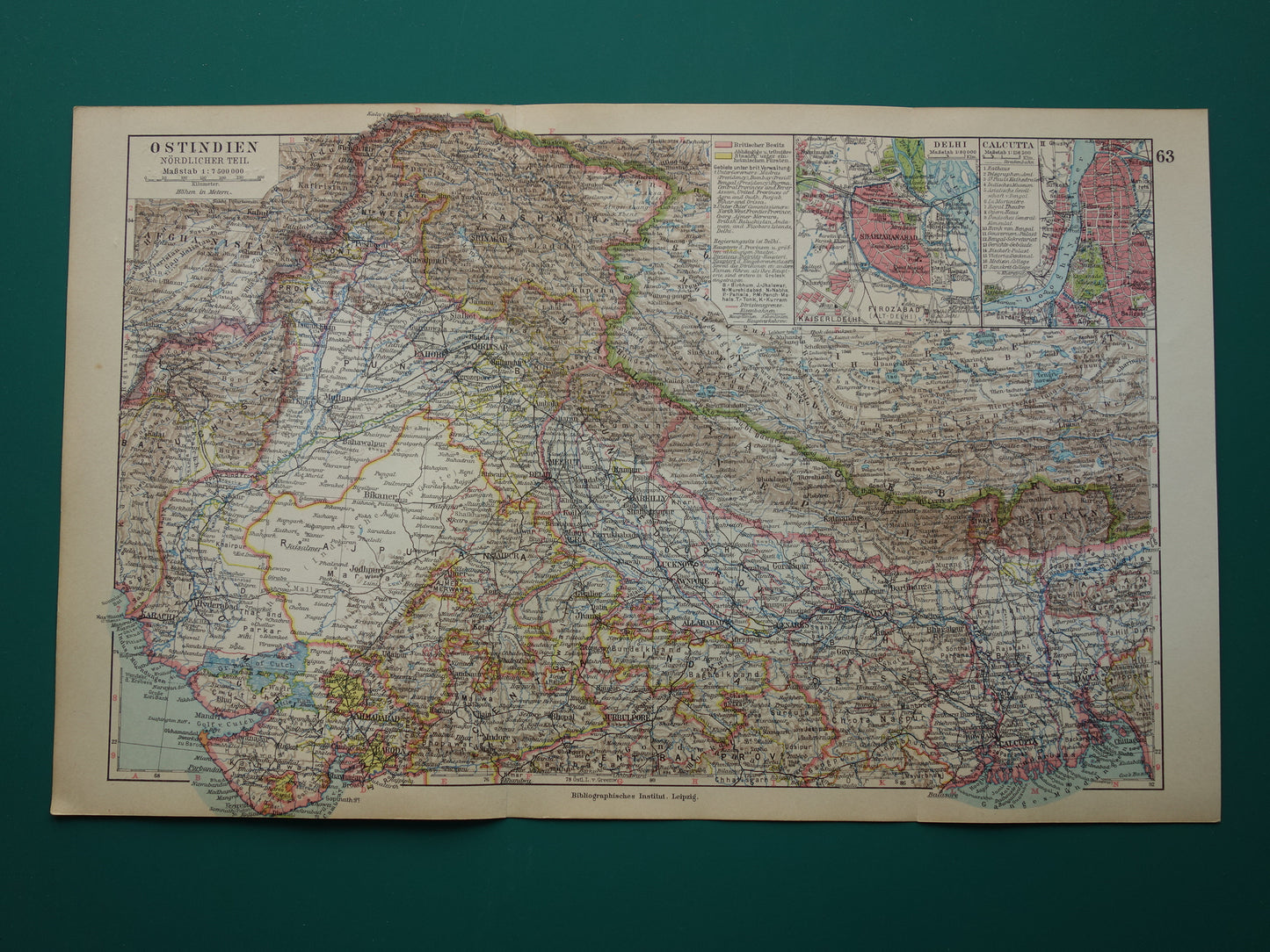 INDIA old map of north india delhi calcutta kolkata nepal kashmir 1928 original vintage map