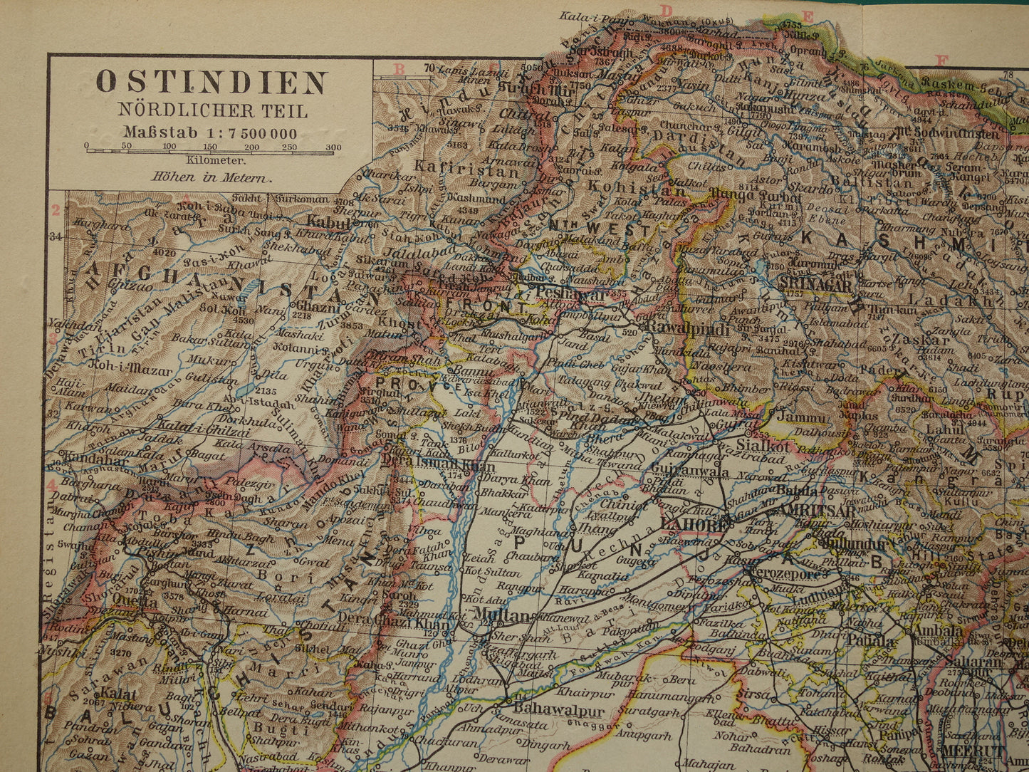 INDIA old map of north india delhi calcutta kolkata nepal kashmir 1928 original vintage map