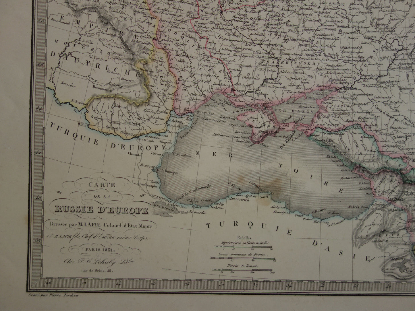 Oude kaart van Europees Rusland uit 1851 originele grote antieke Franse landkaart Russische Rijk in Europa
