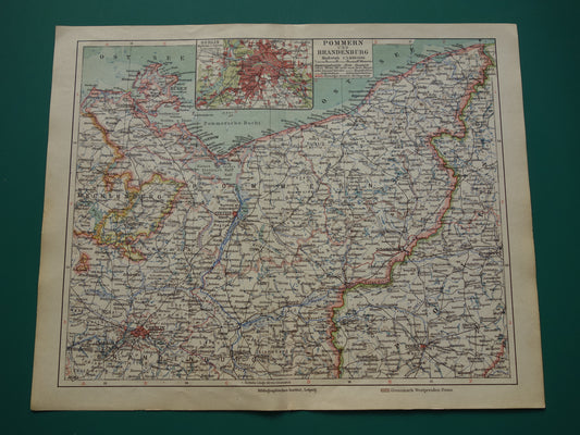 GERMANY and POLAND old map of Stettin Berlin Szczecin 1928 original vintage map Brandenburg and Pomerania