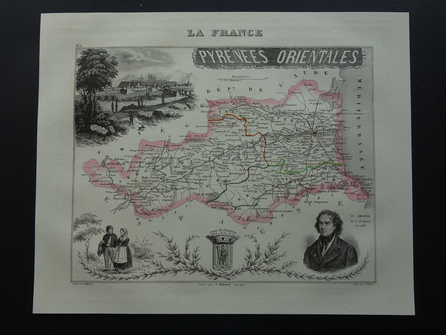 Antique map of Pyrénées-Orientales department in France from 1851 original old hand colored map Perpignan