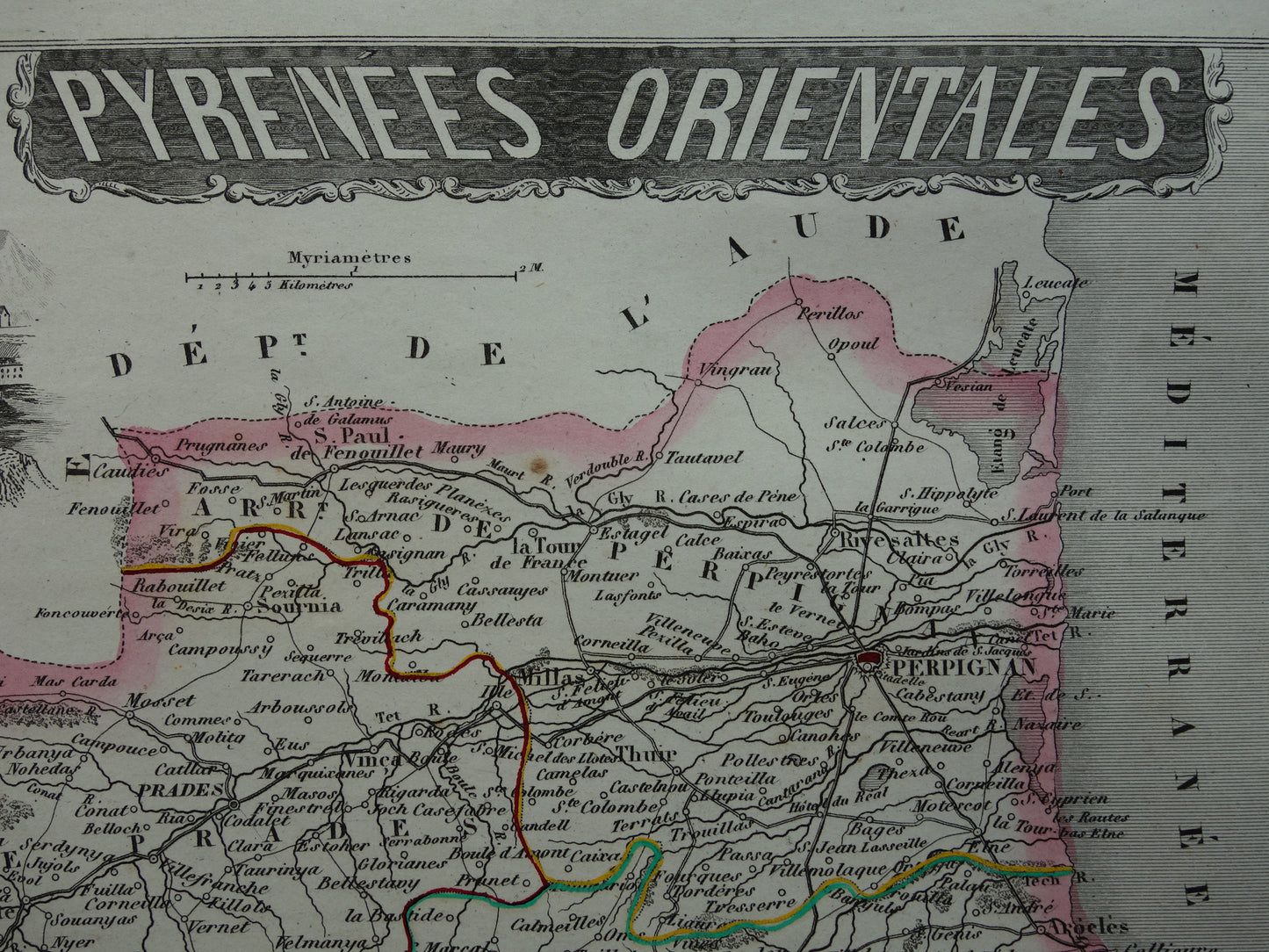 Antique map of Pyrénées-Orientales department in France from 1851 original old hand colored map Perpignan