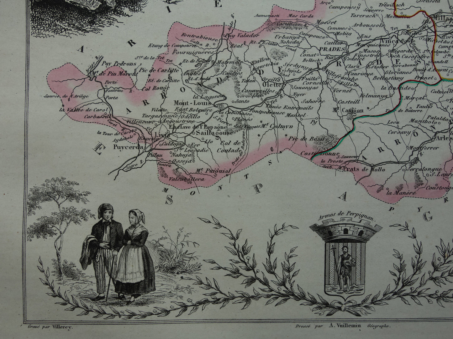 Antique map of Pyrénées-Orientales department in France from 1851 original old hand colored map Perpignan