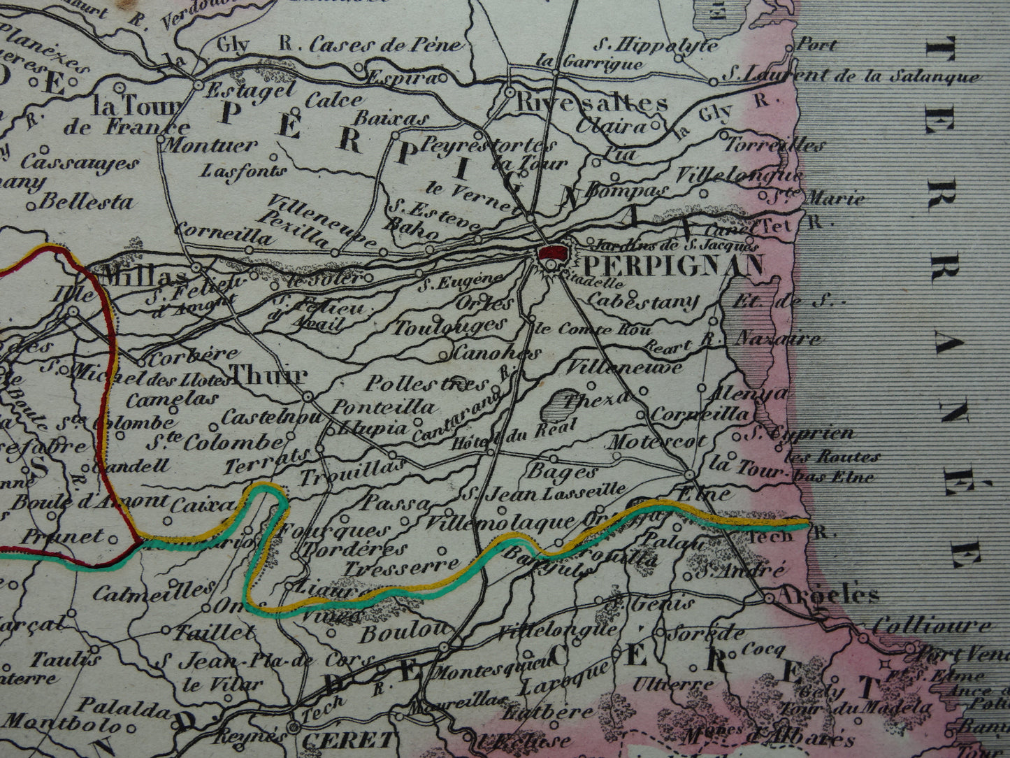 Antique map of Pyrénées-Orientales department in France from 1851 original old hand colored map Perpignan