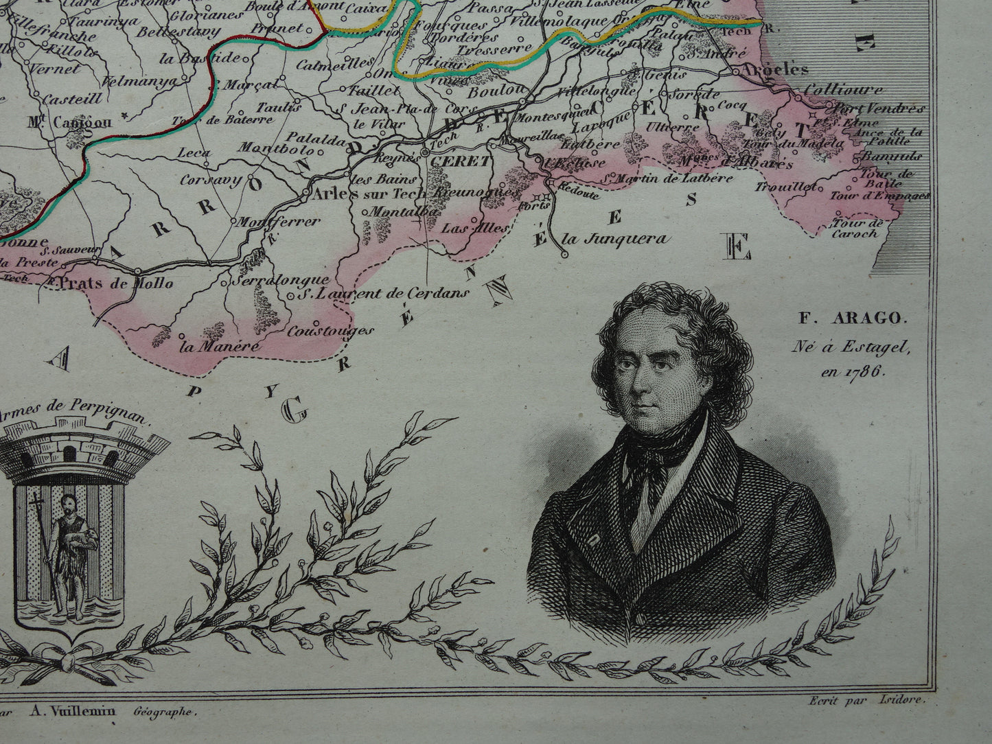Antique map of Pyrénées-Orientales department in France from 1851 original old hand colored map Perpignan