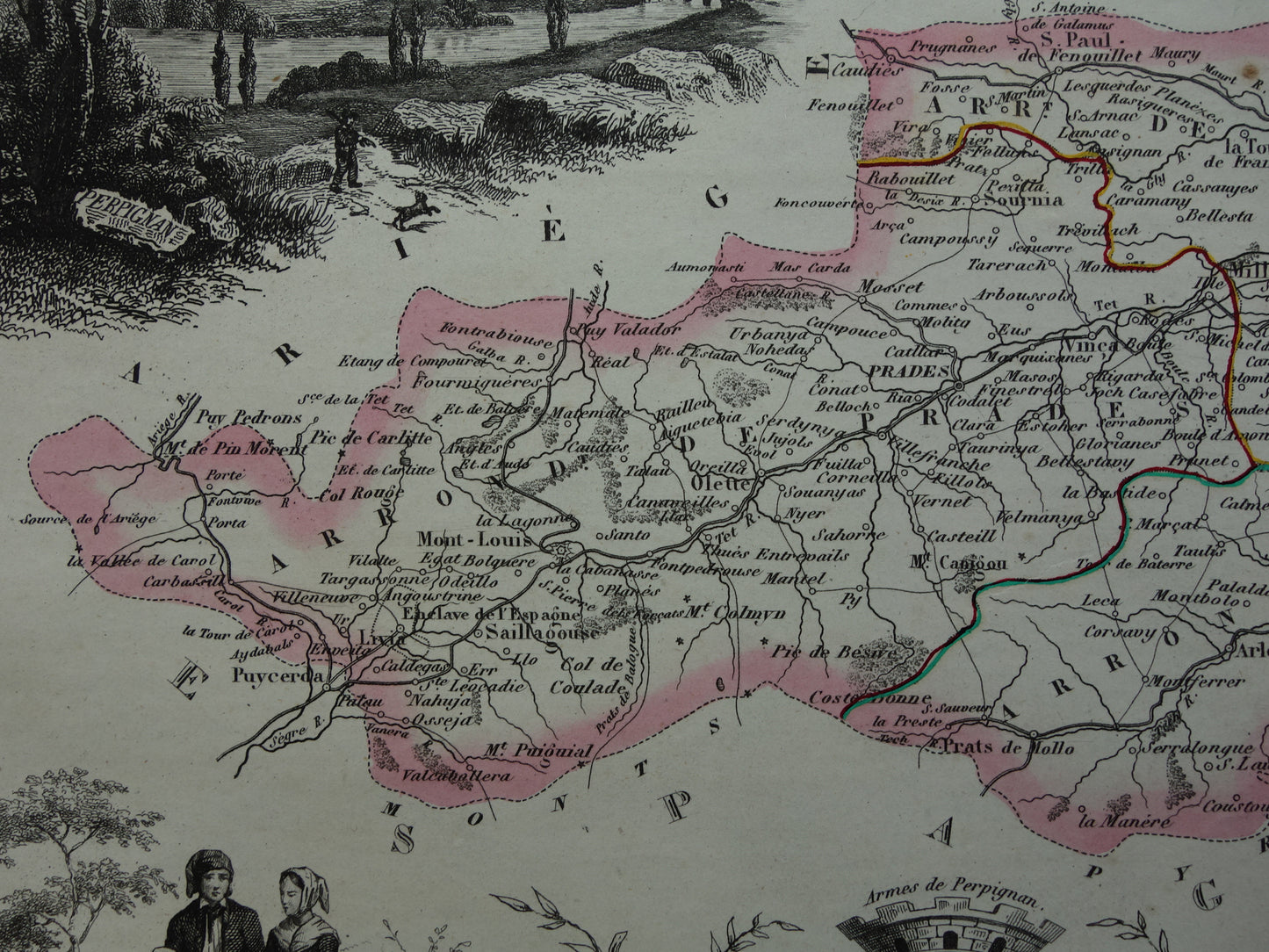 Antique map of Pyrénées-Orientales department in France from 1851 original old hand colored map Perpignan