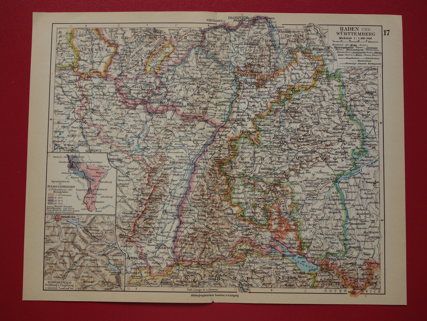 Old map of Baden-Württemberg Germany from 1931 original vintage map Stuttgart Alsace-Lorraine