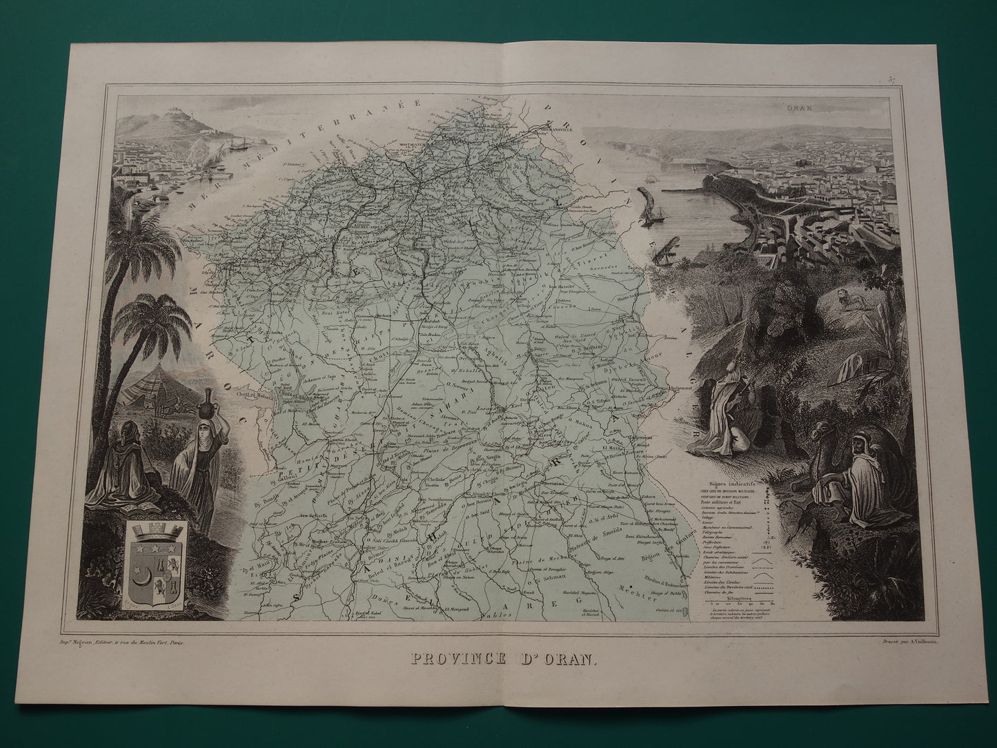 Old map of ORAN province Algeria from 1883 original antique hand colored map Oran