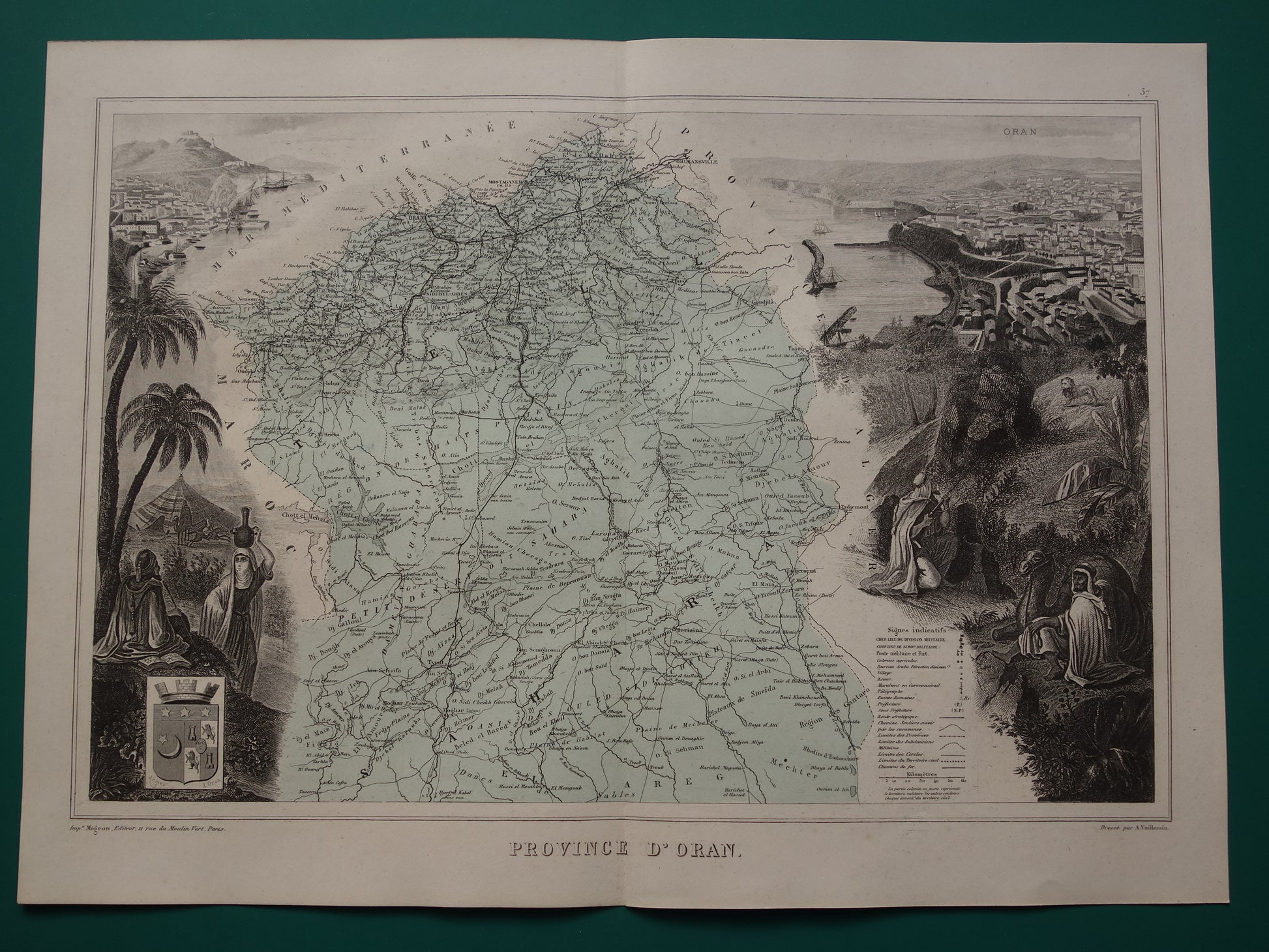 Oude kaart van ORAN provincie Algerije uit 1883 originele antieke handgekleurde landkaart Oran