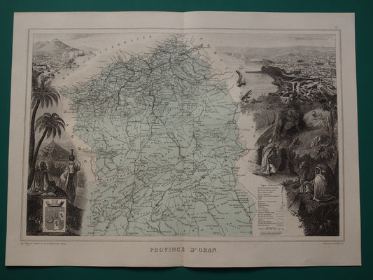 Oude kaart van ORAN provincie Algerije uit 1883 originele antieke handgekleurde landkaart Oran