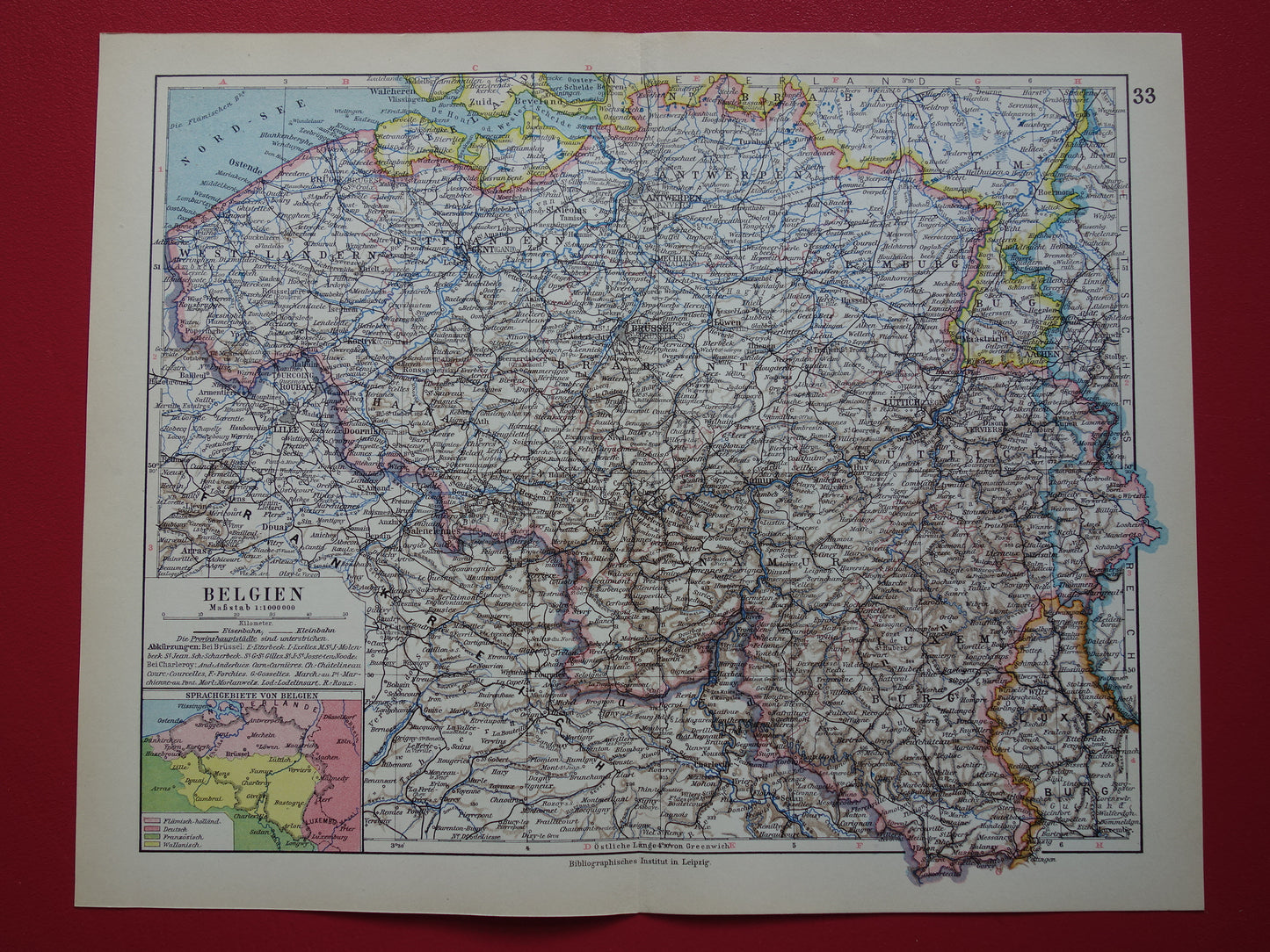 Oude kaart van België uit 1928 originele vintage landkaart Brussel Antwerpen Taalgrens