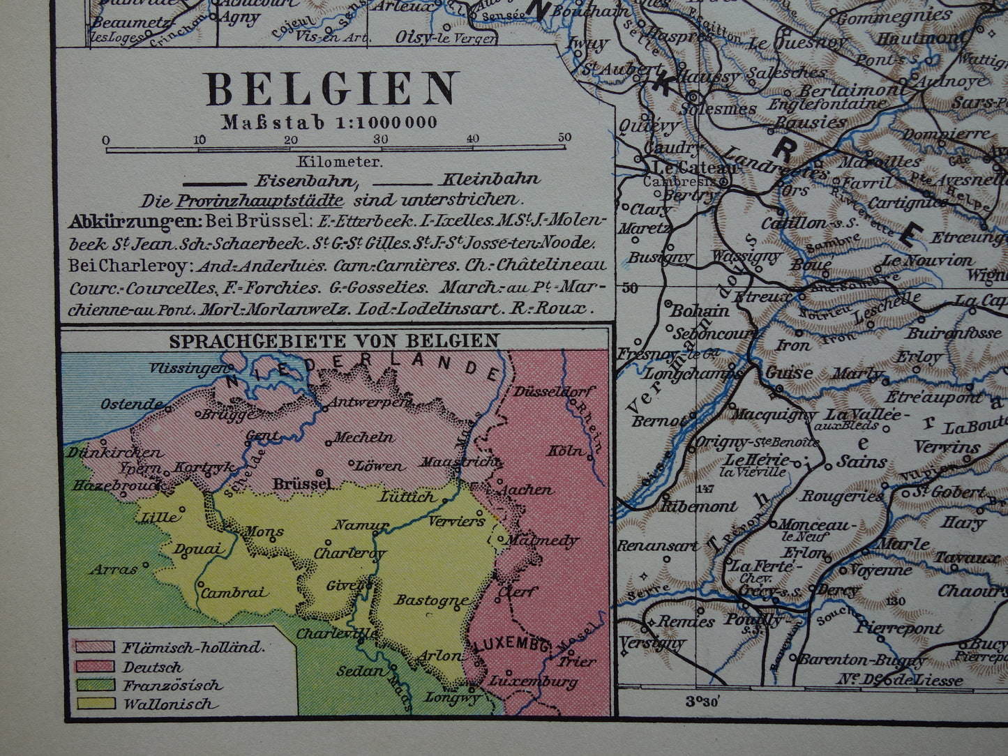 Old map of Belgium from 1928 original vintage map Brussels Antwerp Language border