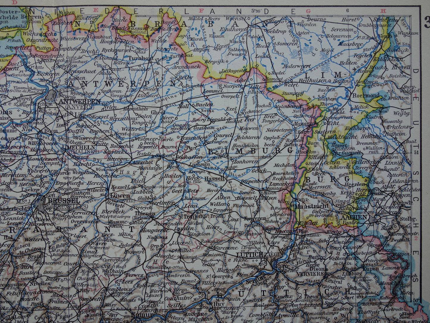 Old map of Belgium from 1928 original vintage map Brussels Antwerp Language border