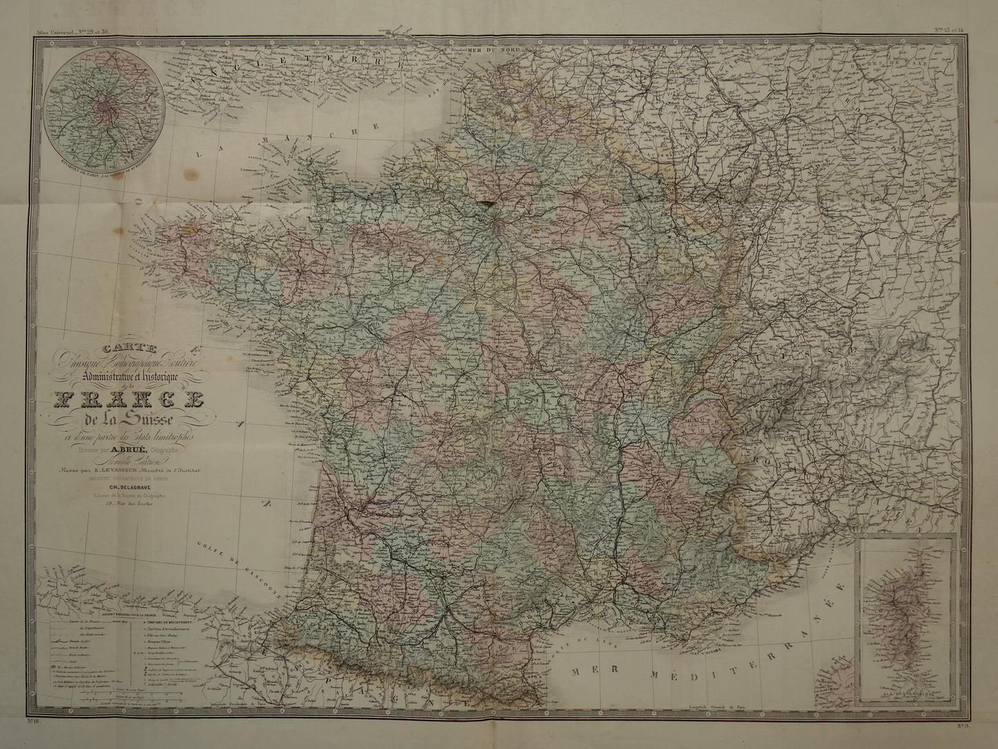 Grote oude kaart van Frankrijk BESCHADIGD 1876 originele antieke oude landkaart Frankrijk