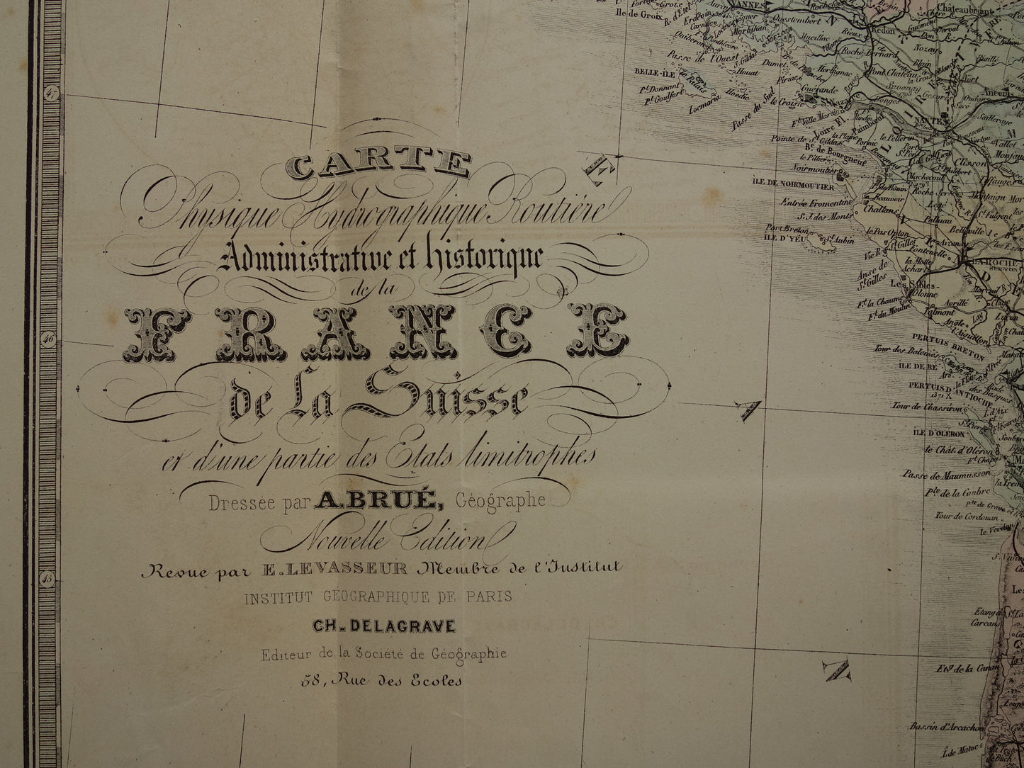Grote oude kaart van Frankrijk BESCHADIGD 1876 originele antieke oude landkaart Frankrijk