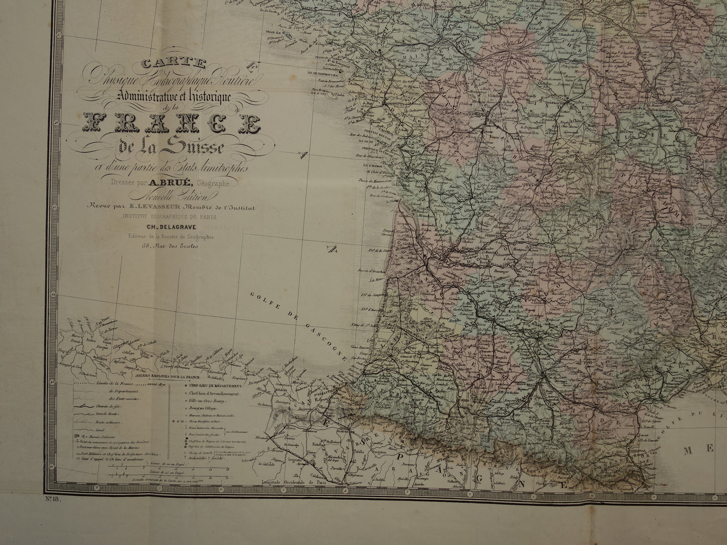 Grote oude kaart van Frankrijk BESCHADIGD 1876 originele antieke oude landkaart Frankrijk