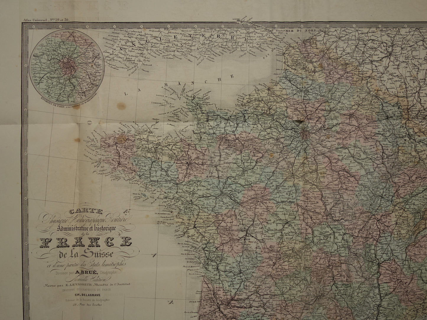 Grote oude kaart van Frankrijk BESCHADIGD 1876 originele antieke oude landkaart Frankrijk