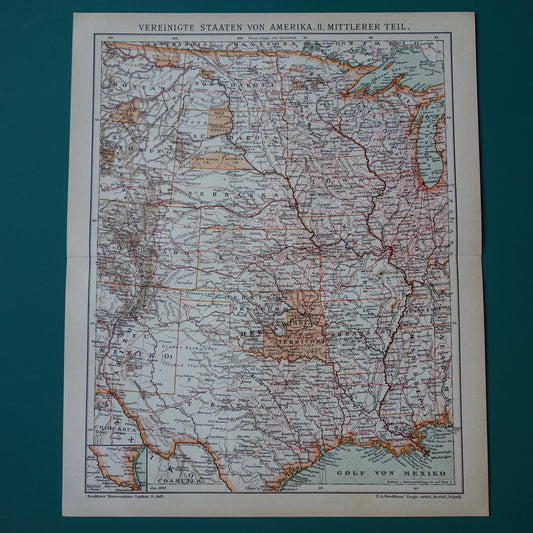 Verenigde Staten antieke kaart uit 1905 van midden VS - originele oude print van Amerika gedetailleerde vintage kaarten Texas Iowa