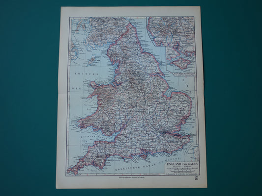 Engeland en Wales oude landkaart uit 1928 originele vintage landkaart van Engeland - gedetailleerde Duitse kaarten