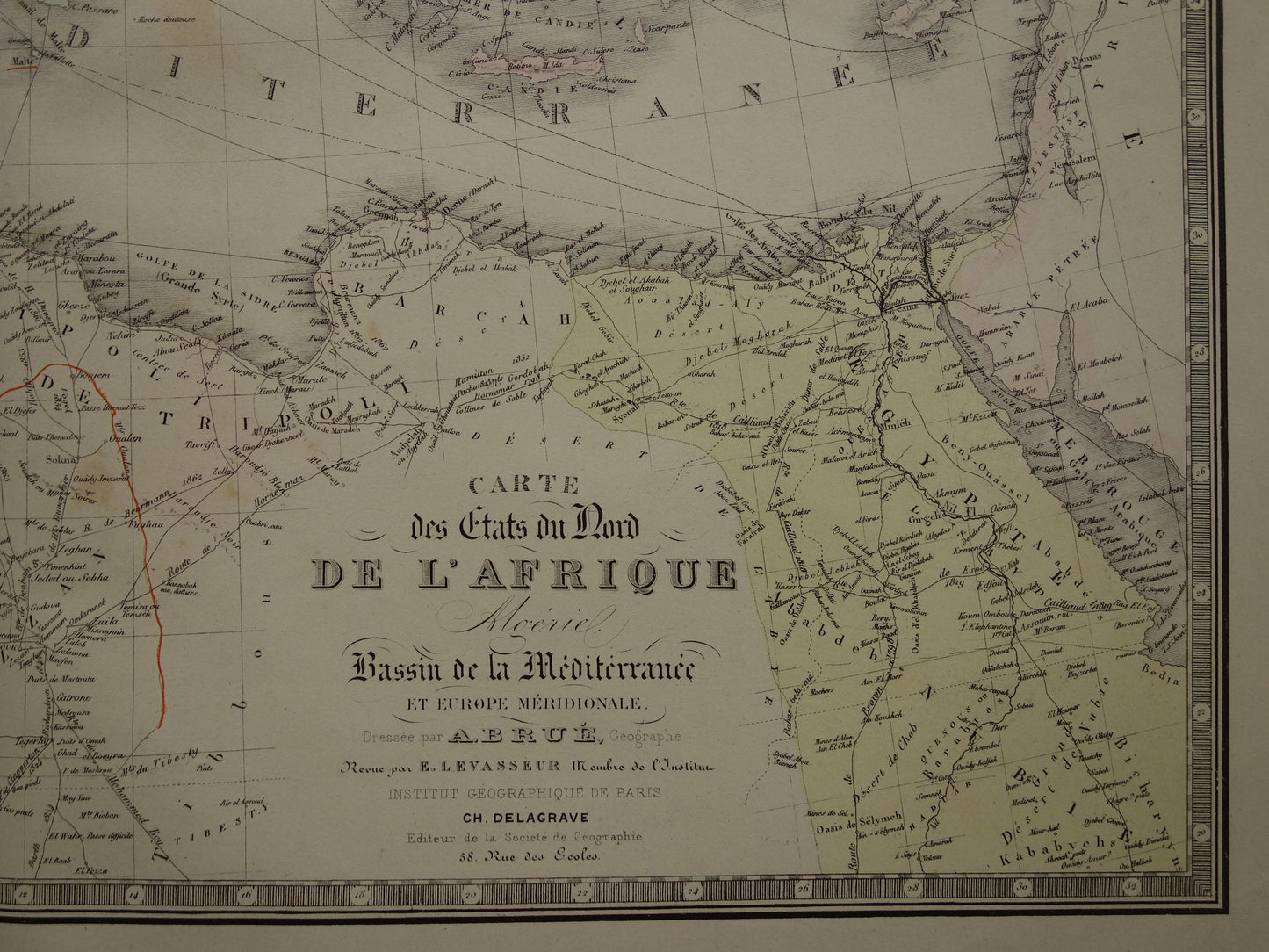 MIDDELLANDSE ZEE Grote oude kaart van Middellandse Zee regio uit 1876 originele antieke handgekleurde landkaart poster