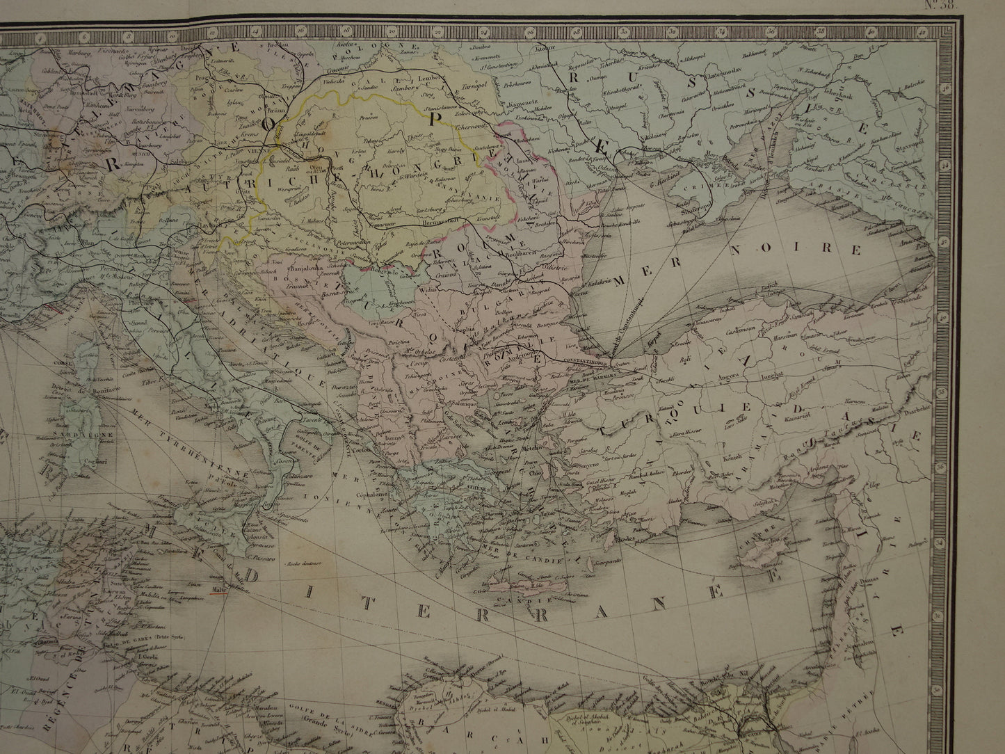 MIDDELLANDSE ZEE Grote oude kaart van Middellandse Zee regio uit 1876 originele antieke handgekleurde landkaart poster